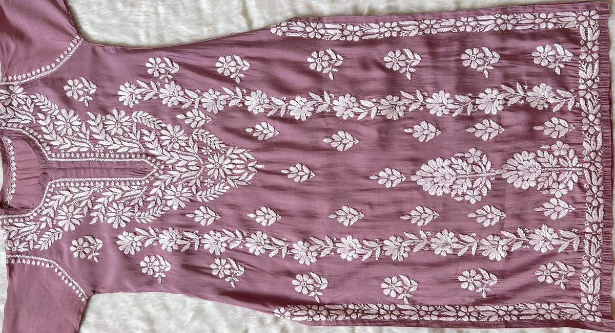 Fida Rose Pink Muslin Long Kurta with Chikankari