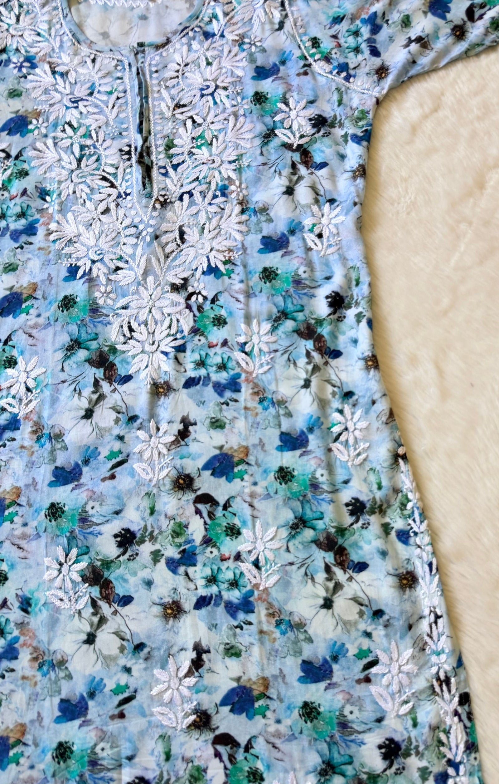 Fiza Blue Rayon Printed Chikankari Kurti