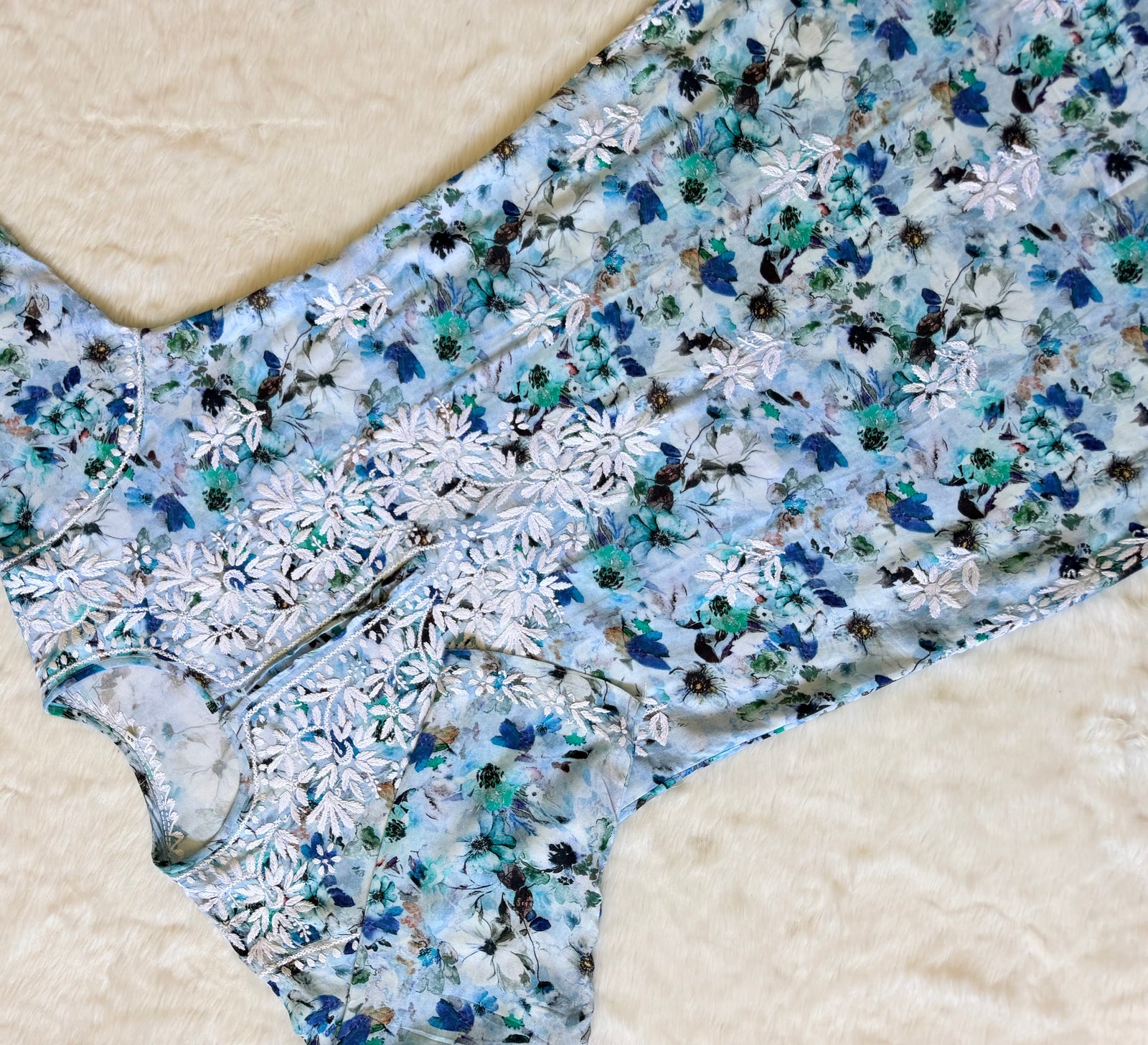 Fiza Blue Rayon Printed Chikankari Kurti