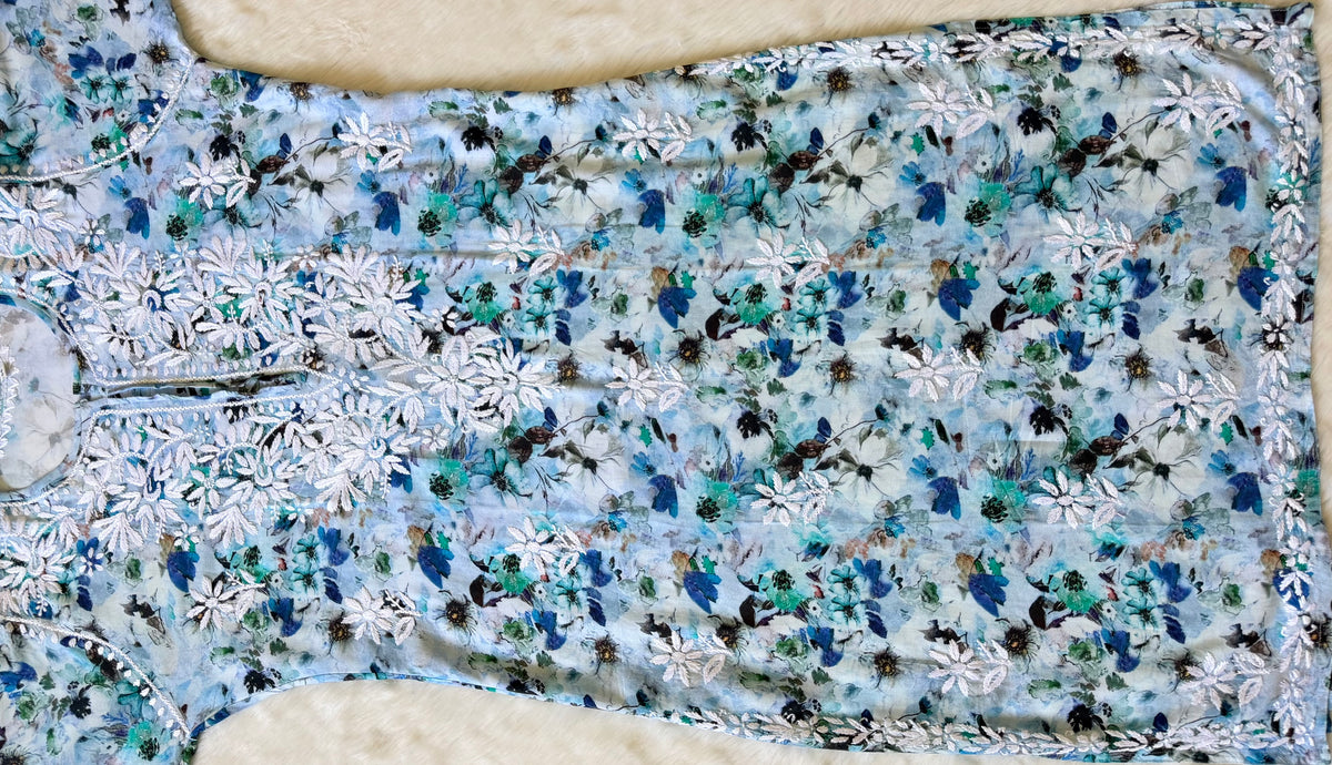 Fiza Blue Rayon Printed Chikankari Kurti