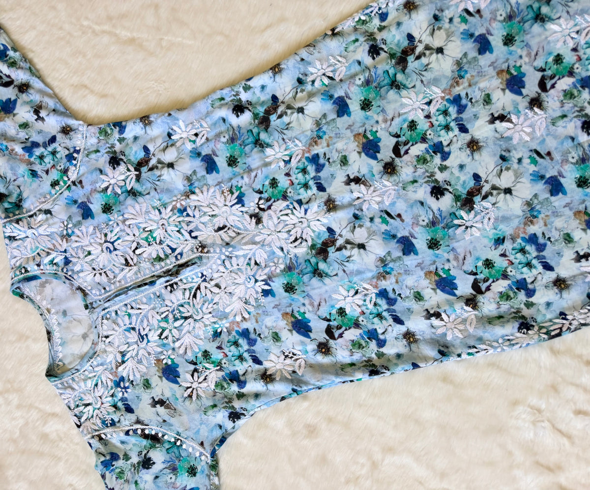 Fiza Blue Rayon Printed Chikankari Kurti