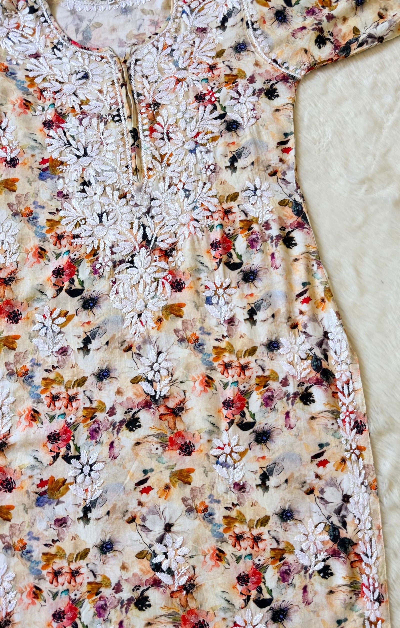 Fiza Cream Rayon Printed Chikankari Kurti