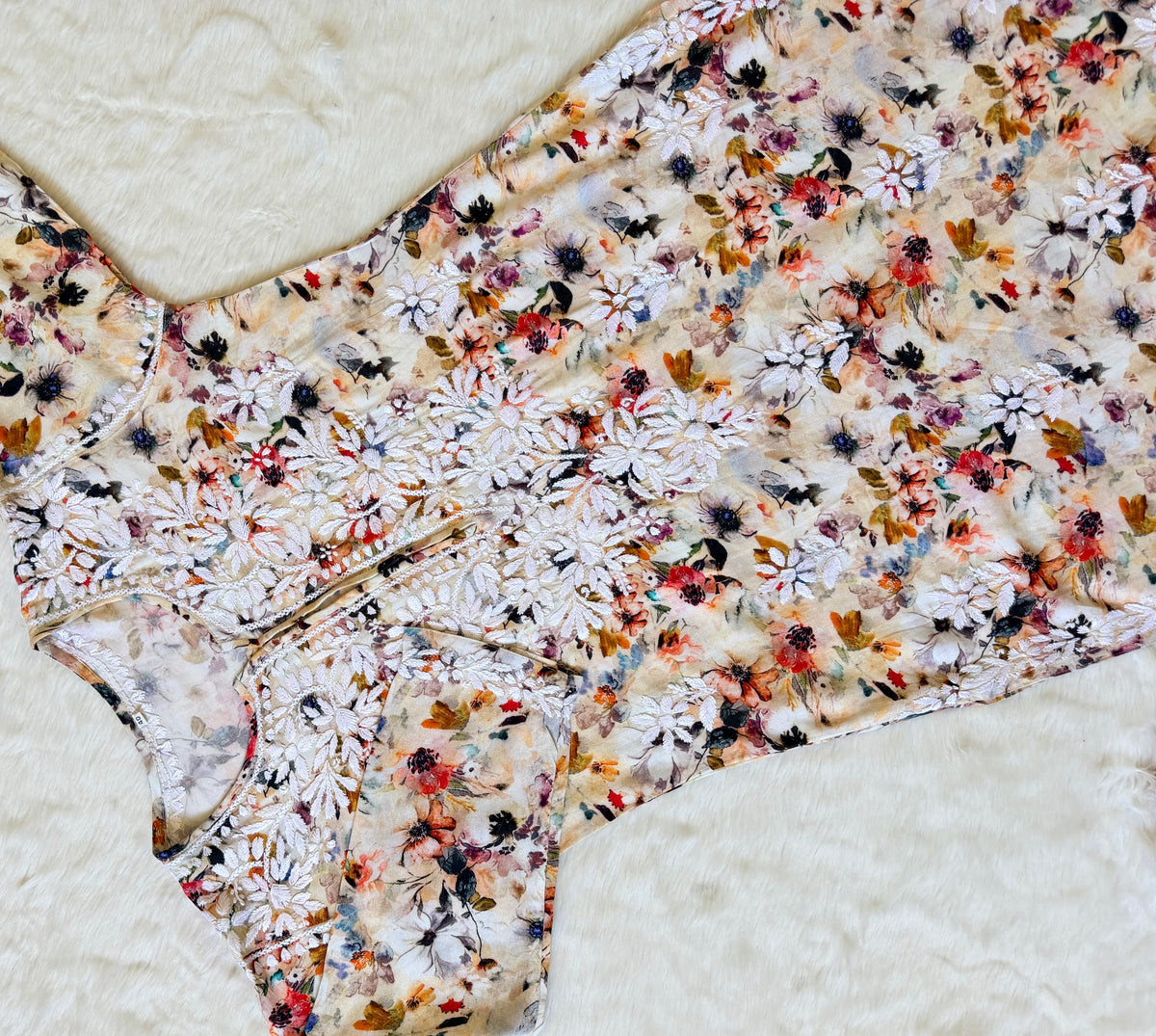 Fiza Cream Rayon Printed Chikankari Kurti