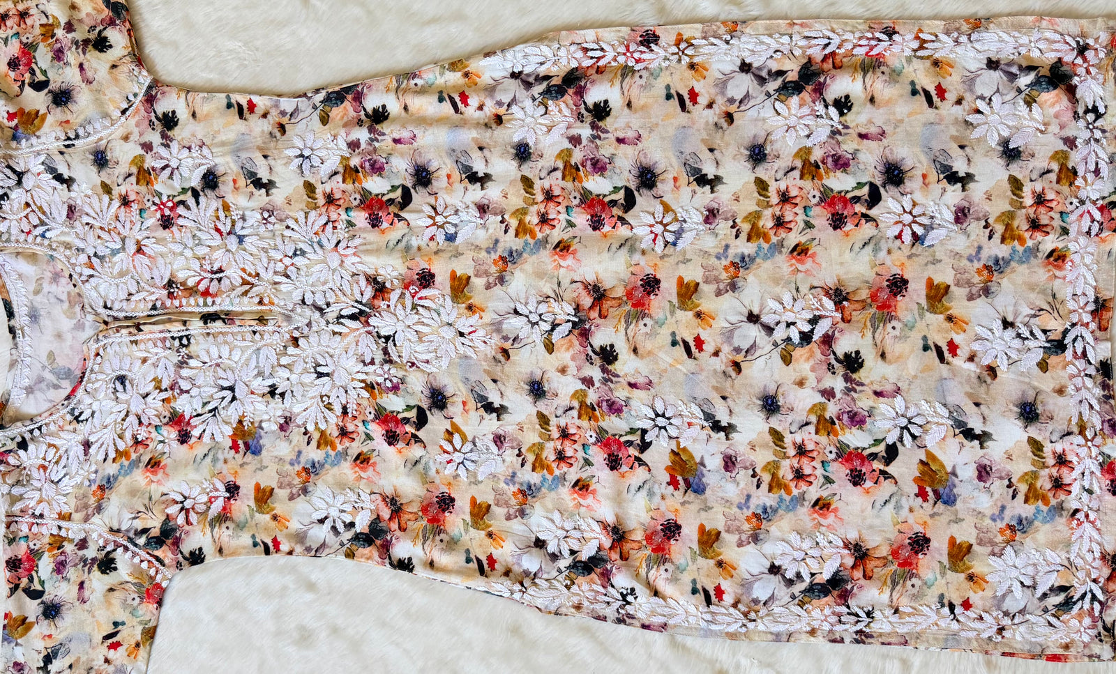 Fiza Cream Rayon Printed Chikankari Kurti