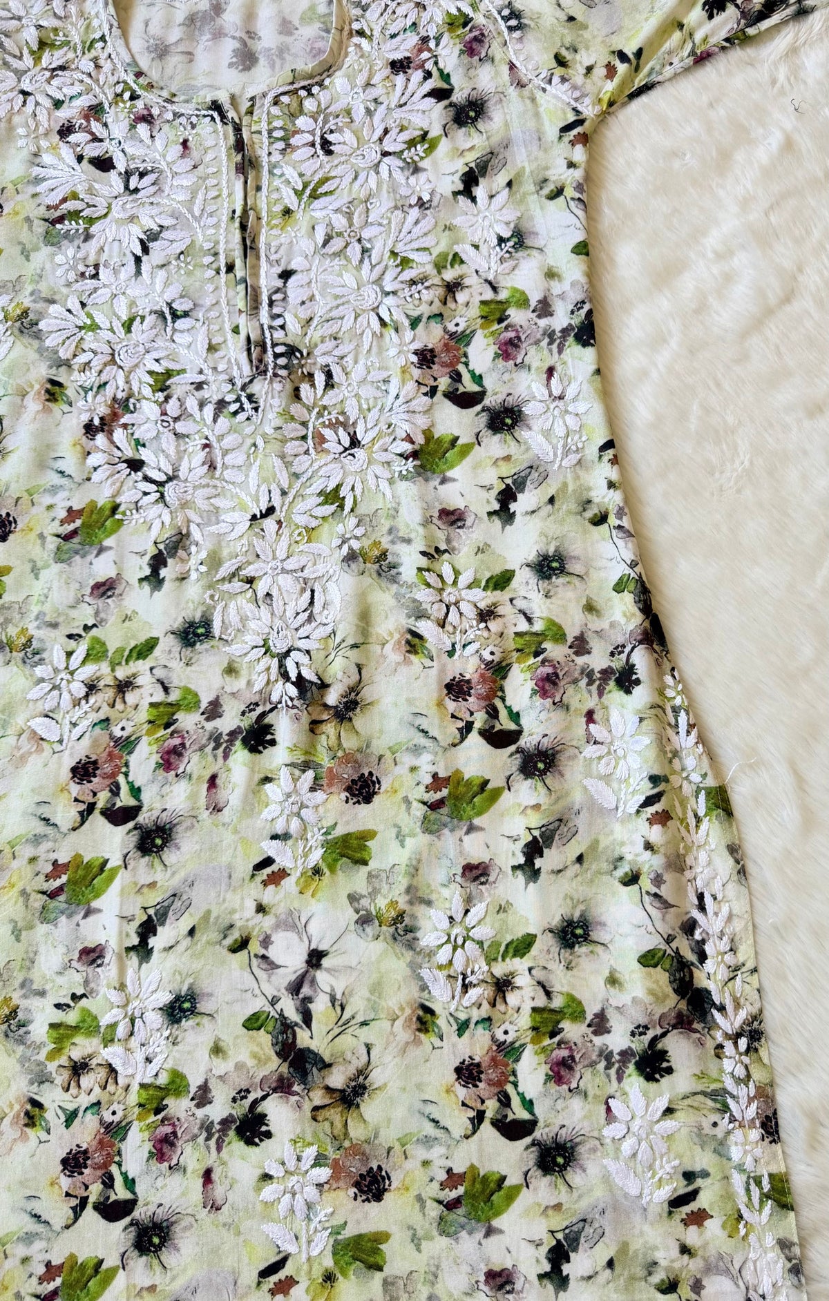 Fiza Olive Green Rayon Printed Chikankari Kurti