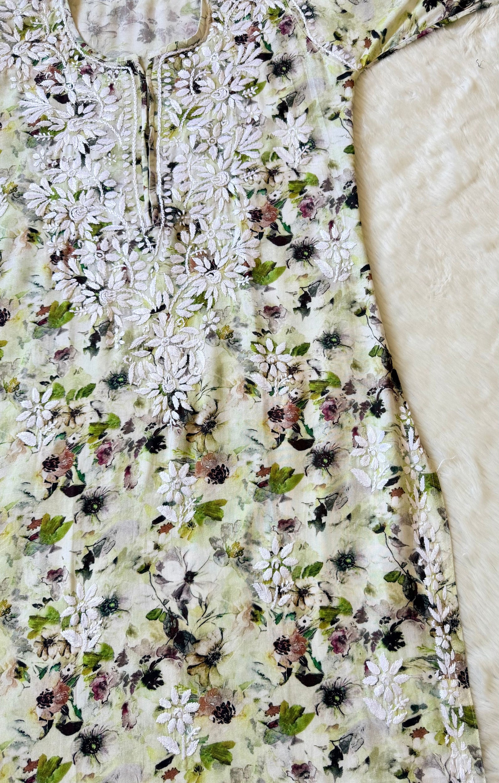 Fiza Olive Green Rayon Printed Chikankari Kurti