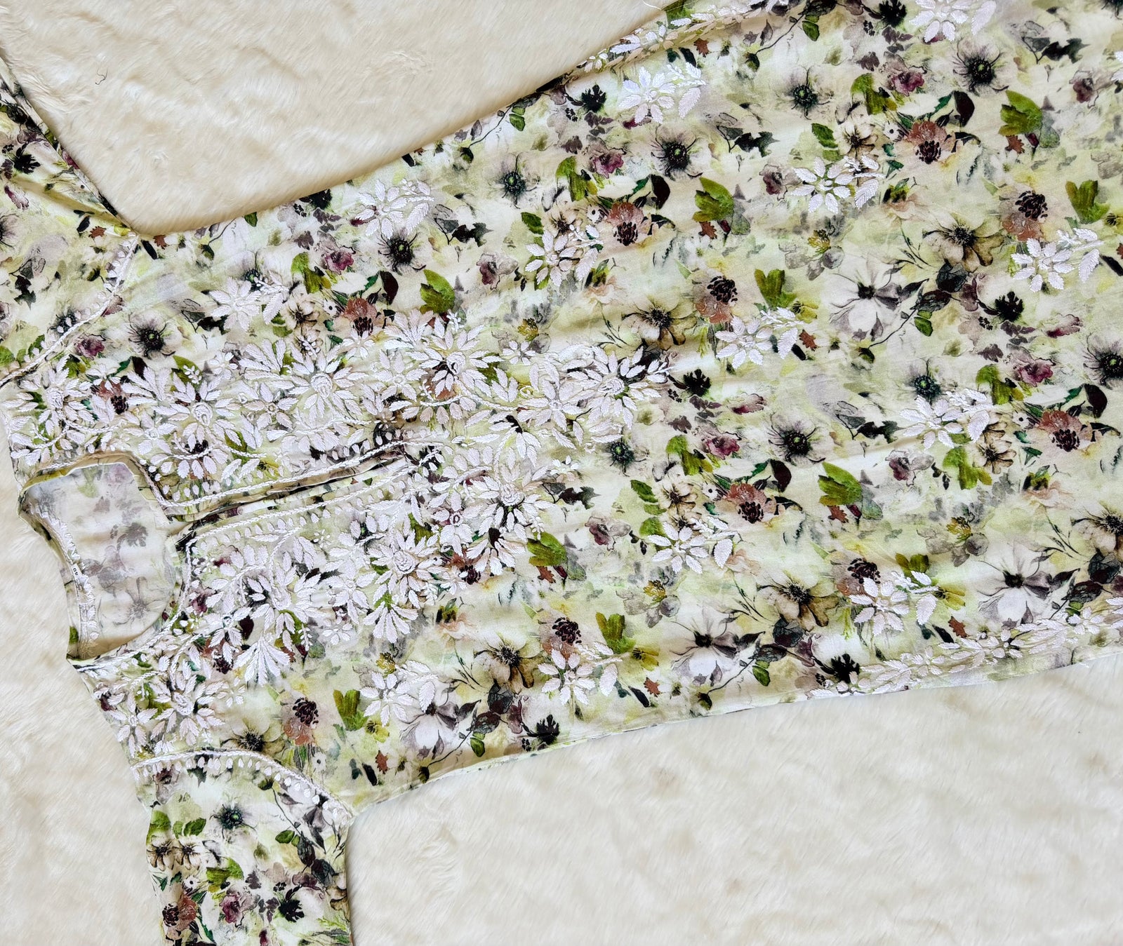 Fiza Olive Green Rayon Printed Chikankari Kurti