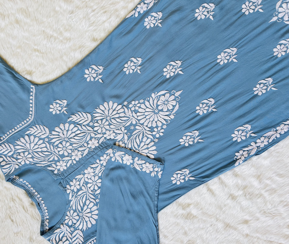 Fiza Powder Blue Rayon Chikankari Kurta Set