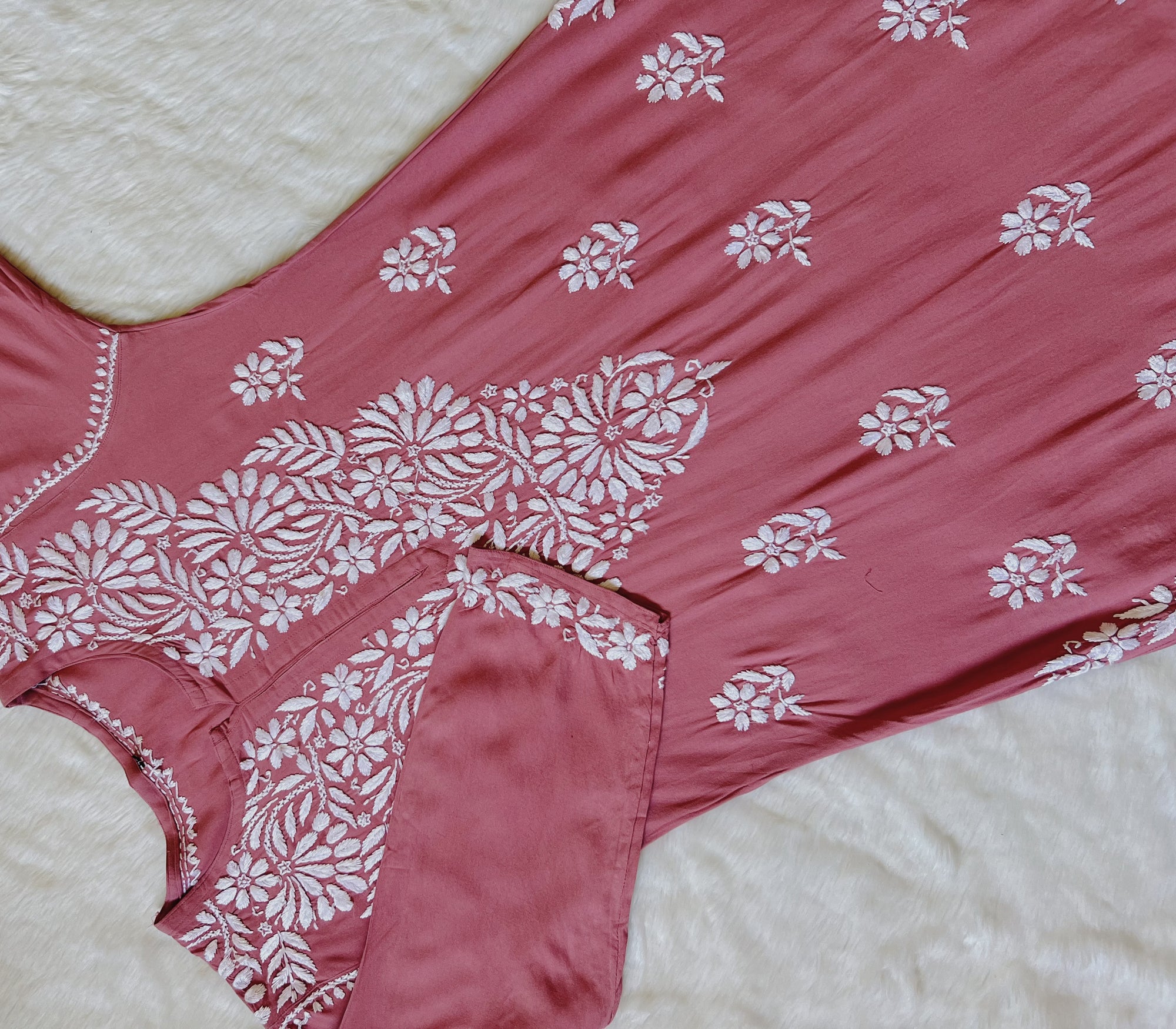 Fiza Rose Pink Rayon Chikankari Kurta Set