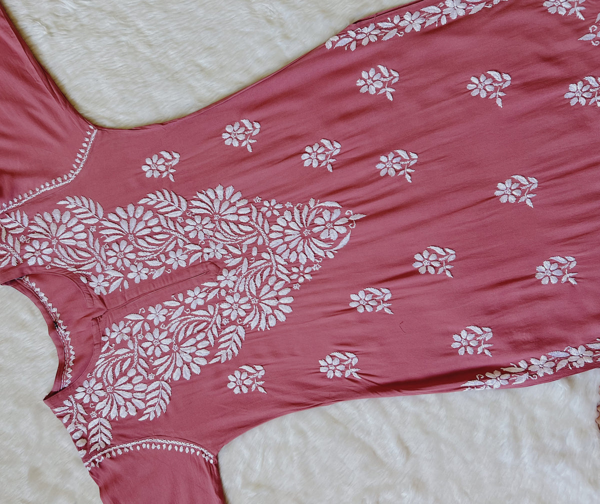 Fiza Rose Pink Rayon Chikankari Kurta Set