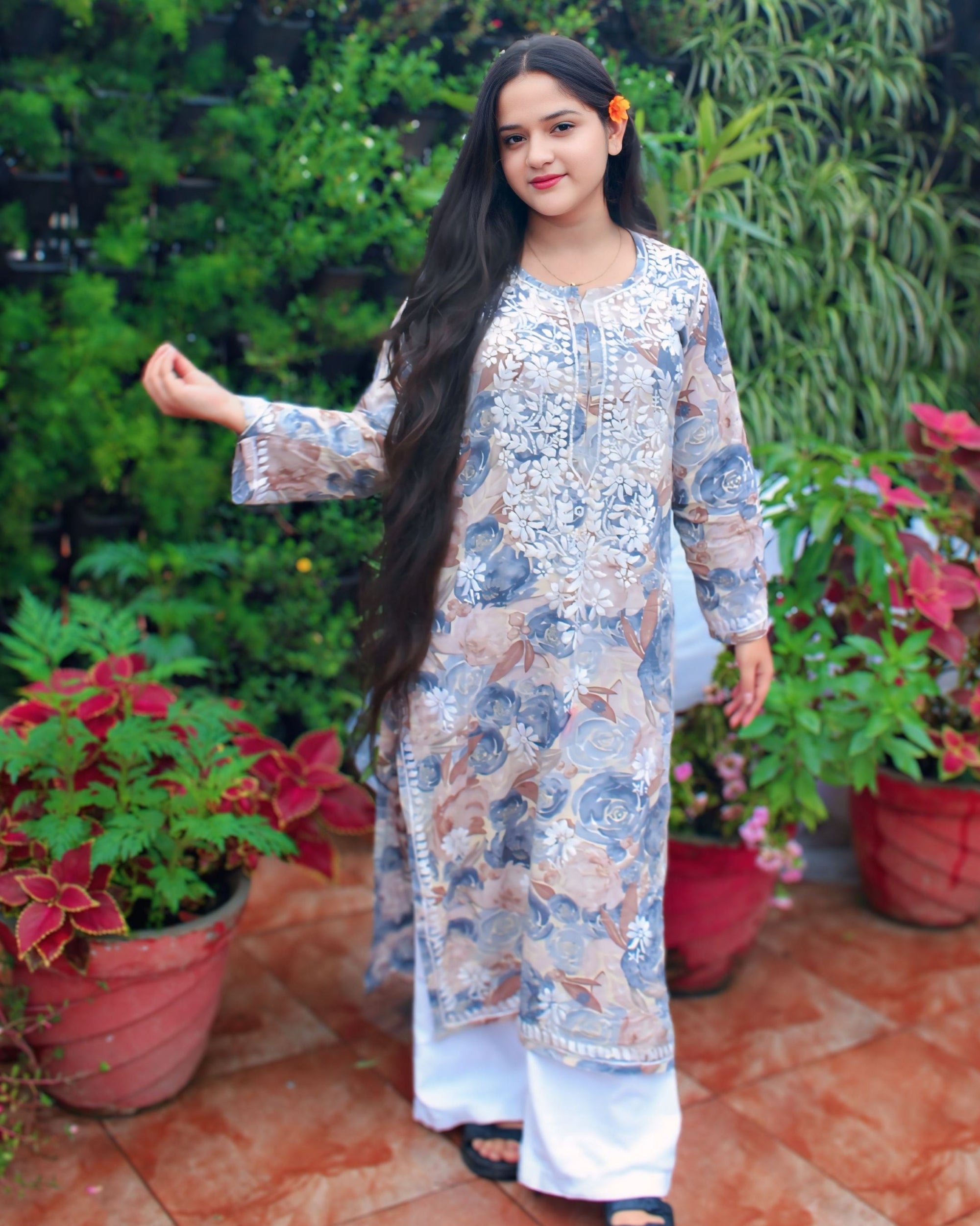 Floral Printed Grey Rayon Chikankari Kurta