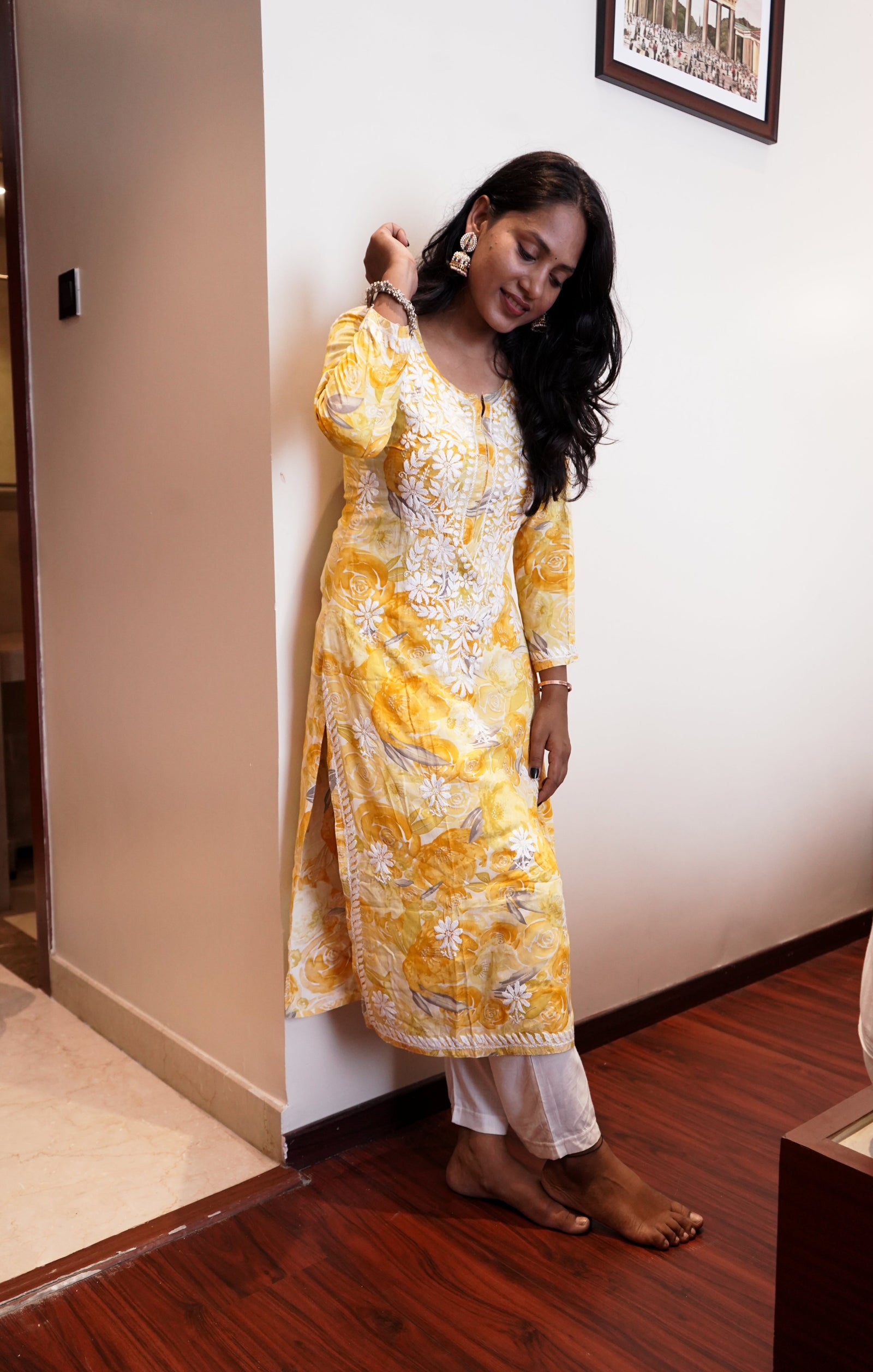 Floral Printed Yellow Rayon Chikankari Kurta