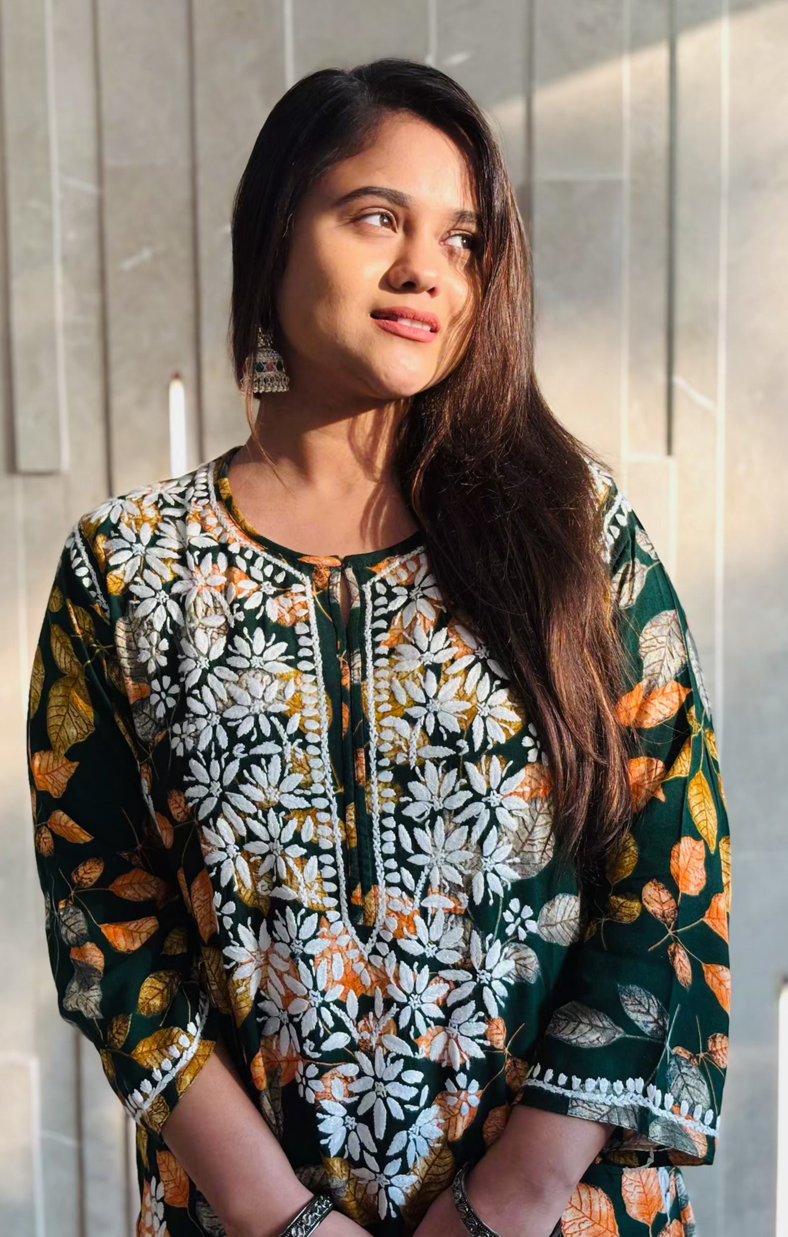 Forest Green Leaf Printed Long Rayon Kurta