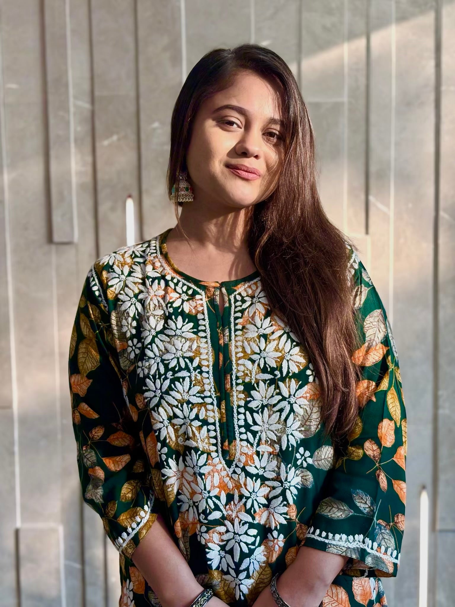 Forest Green Leaf Printed Long Rayon Kurta