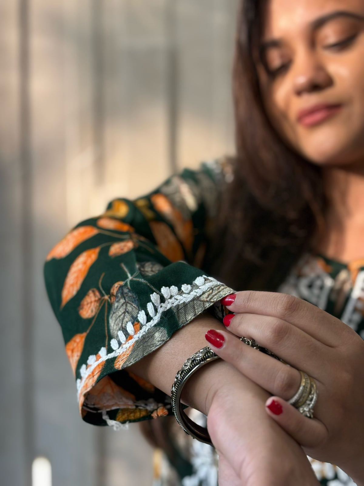 Forest Green Leaf Printed Long Rayon Kurta