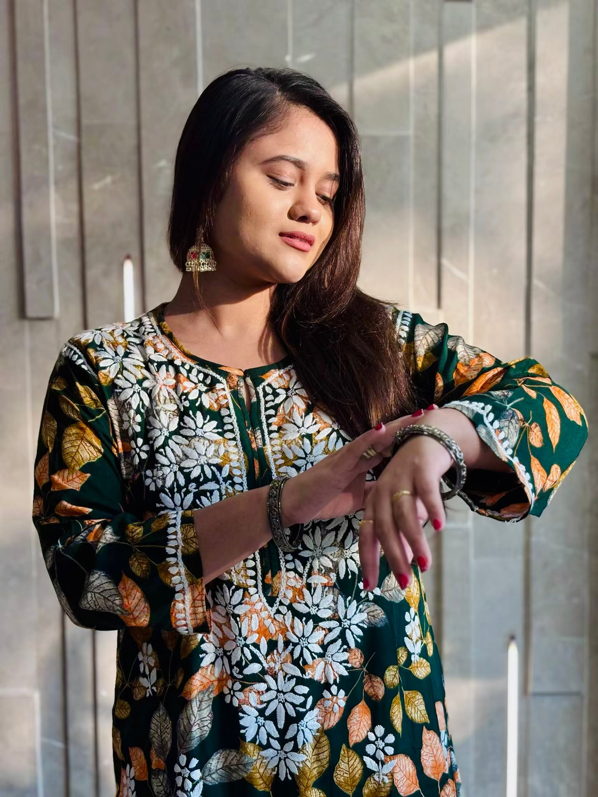 Forest Green Leaf Printed Long Rayon Kurta