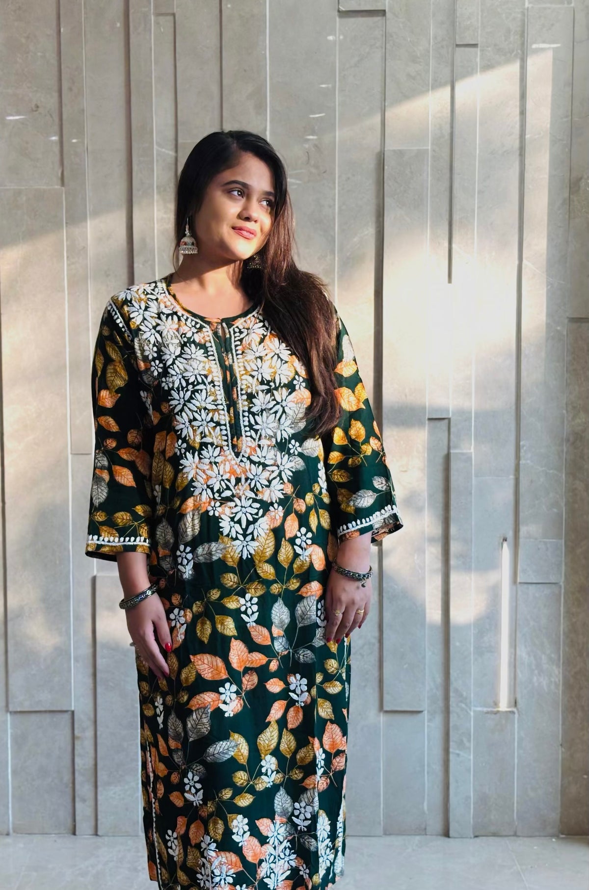 Forest Green Leaf Printed Long Rayon Kurta
