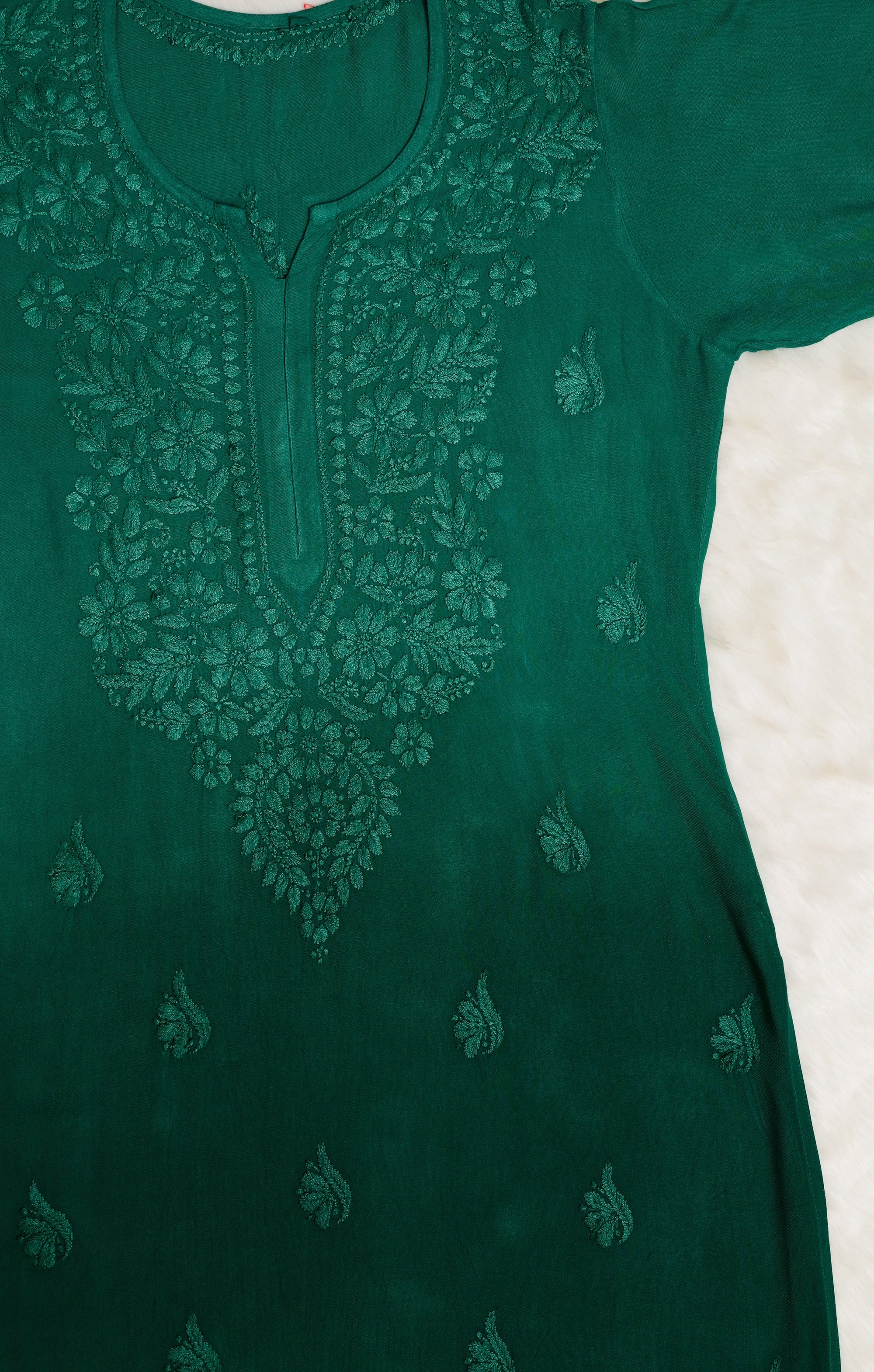 Forest Green Ombre Long Rayon Chikankari