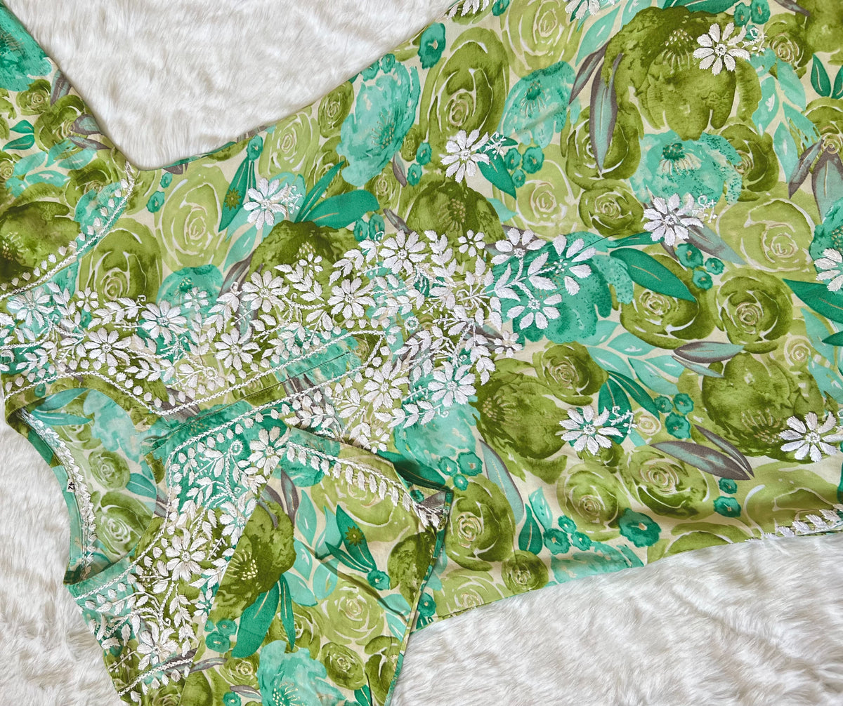 Green Long Rayon Printed Kurta