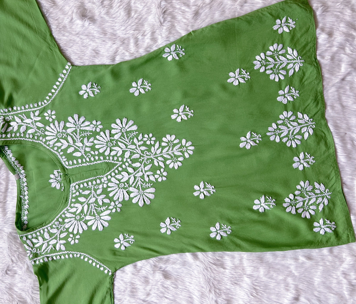 Green Short Rayon Kurta with White Chikankari