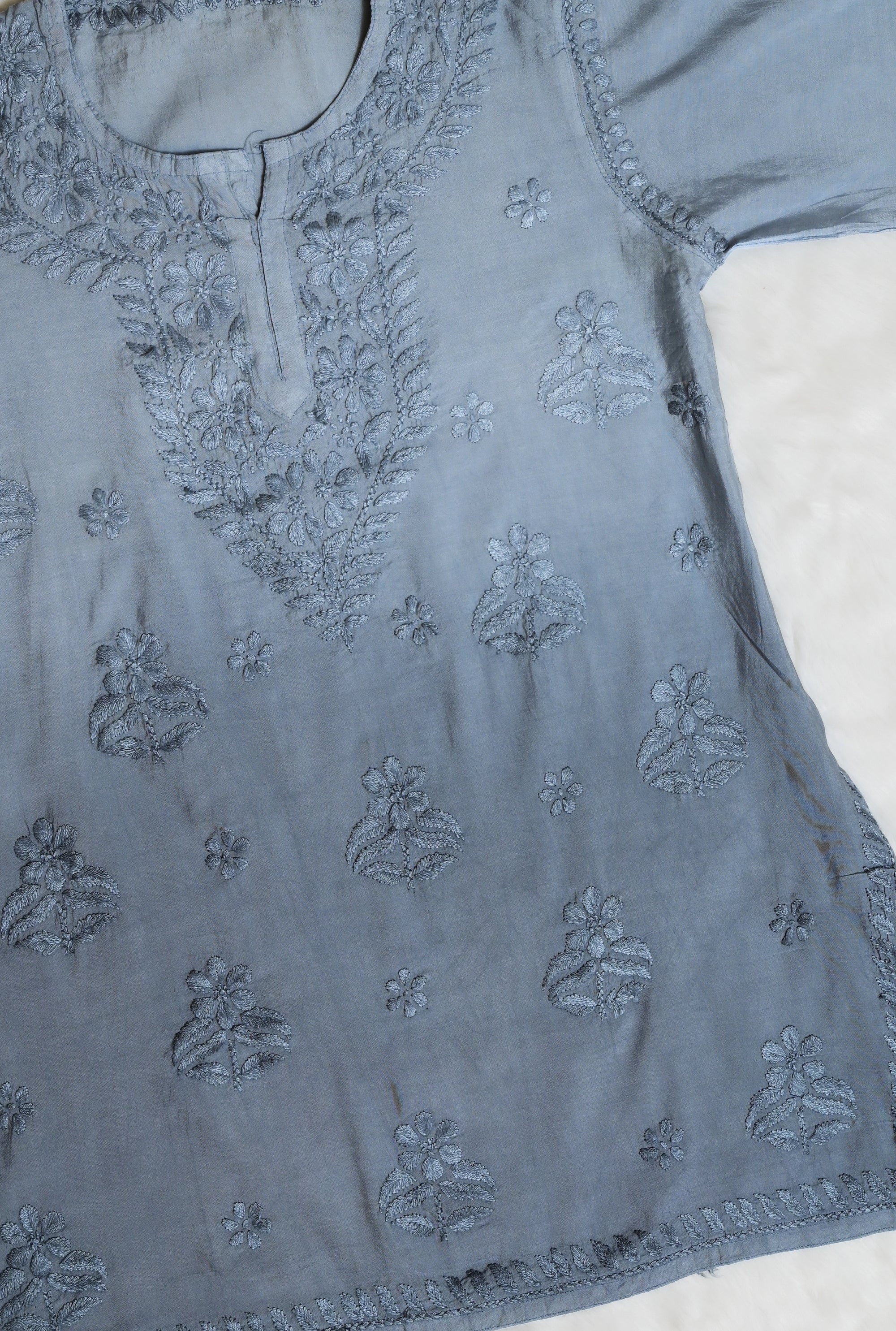 Grey Chanderi Short Chikankari Kurta