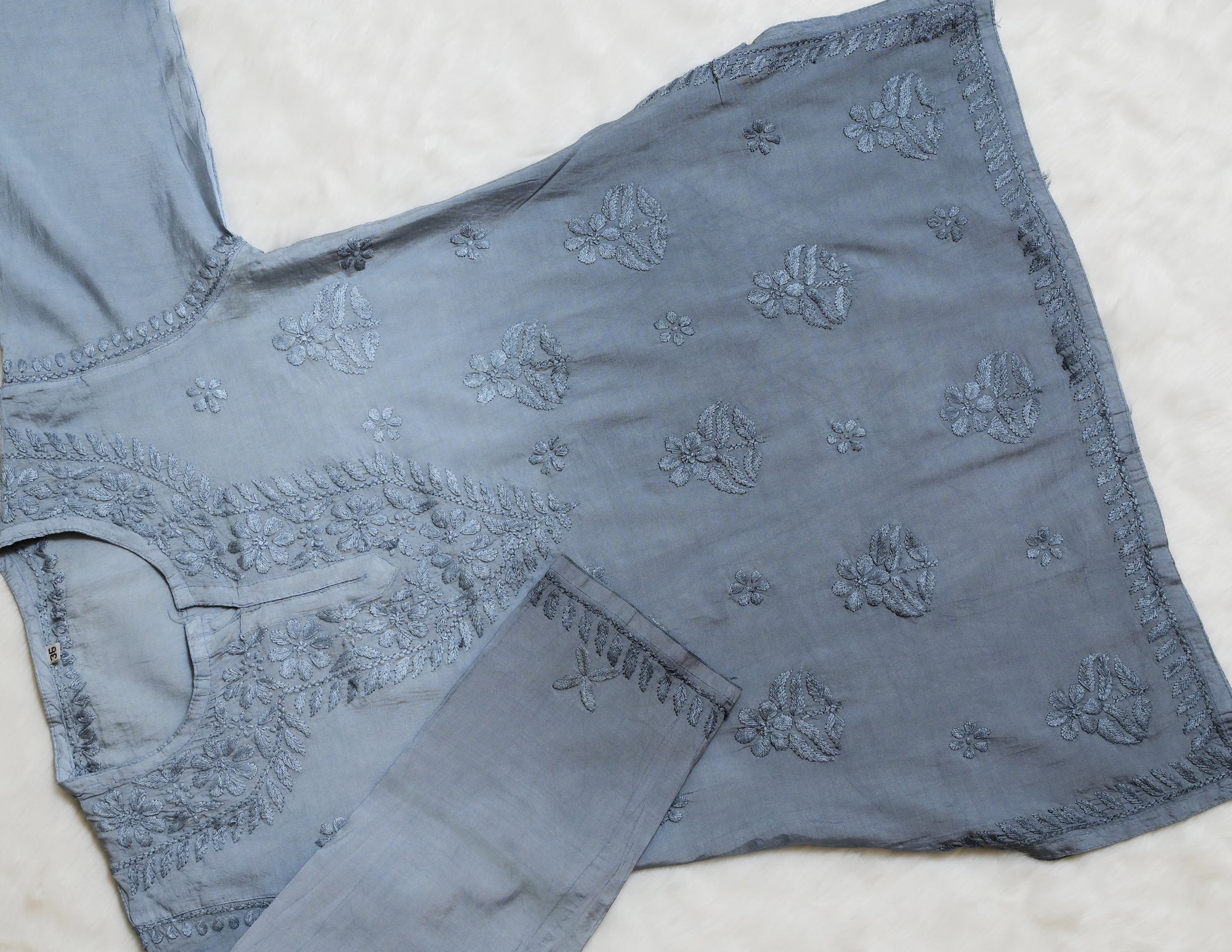 Grey Chanderi Short Chikankari Kurta