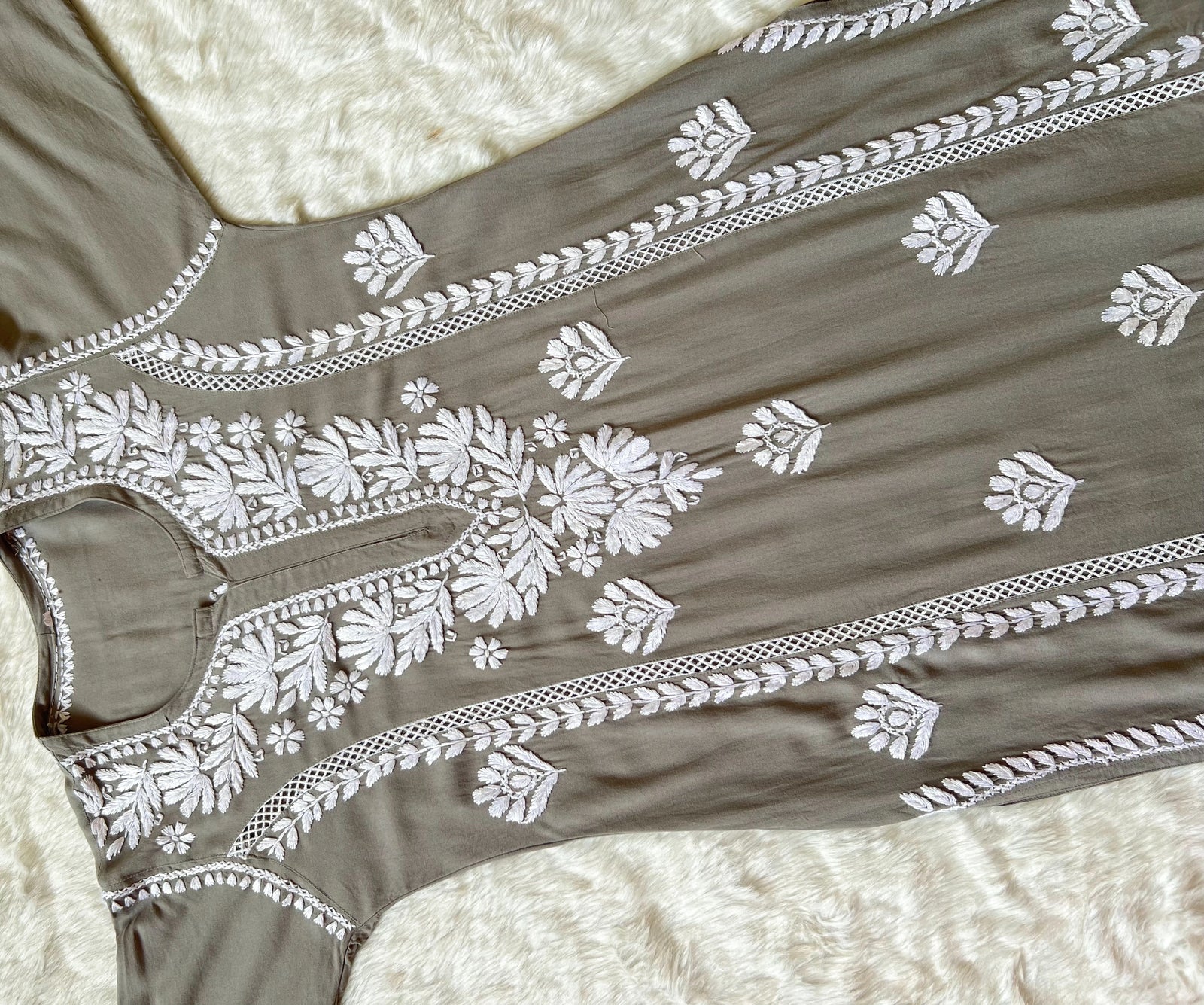 Grey Long Lace Rayon Chikankari Kurta