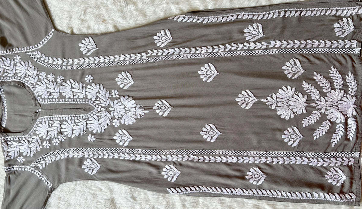 Grey Long Lace Rayon Chikankari Kurta