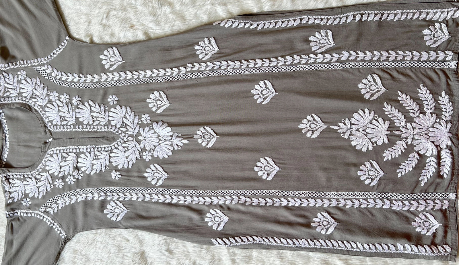 Grey Long Lace Rayon Chikankari Kurta