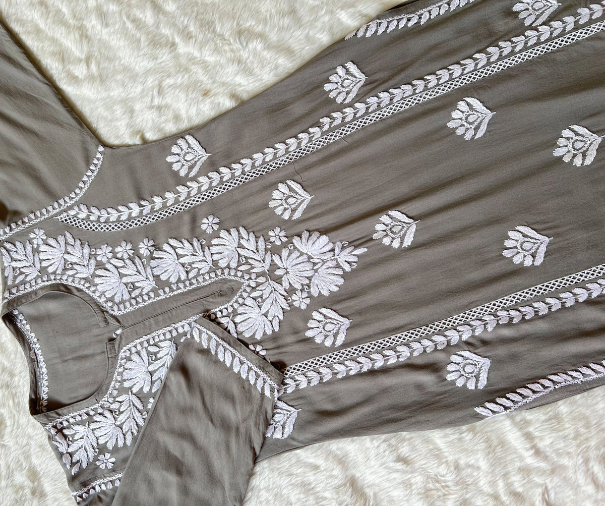 Grey Long Lace Rayon Chikankari Kurta