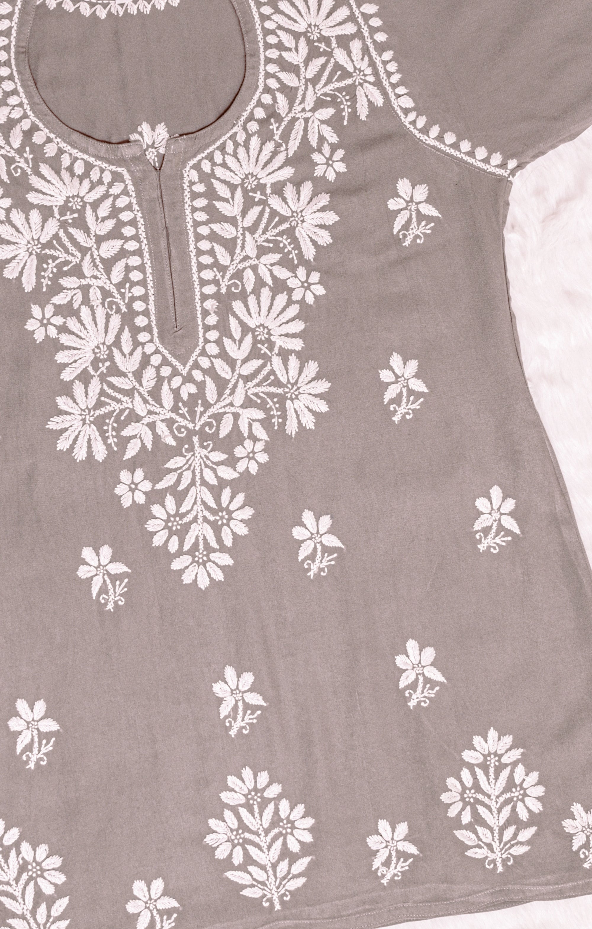 Grey Short Rayon Chikankari Kurta