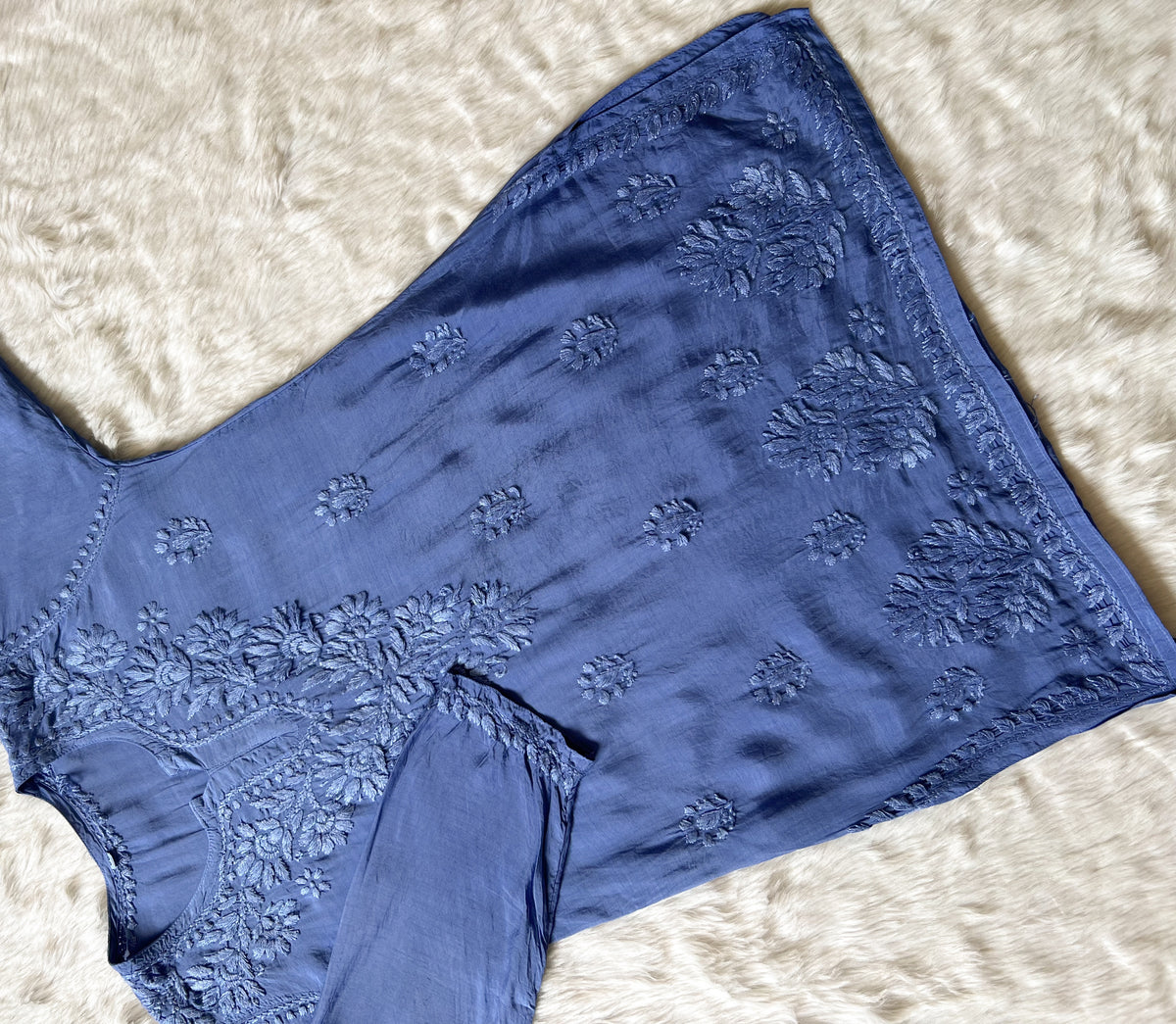 Gul Blue Short Muslin Chikankari Kurta