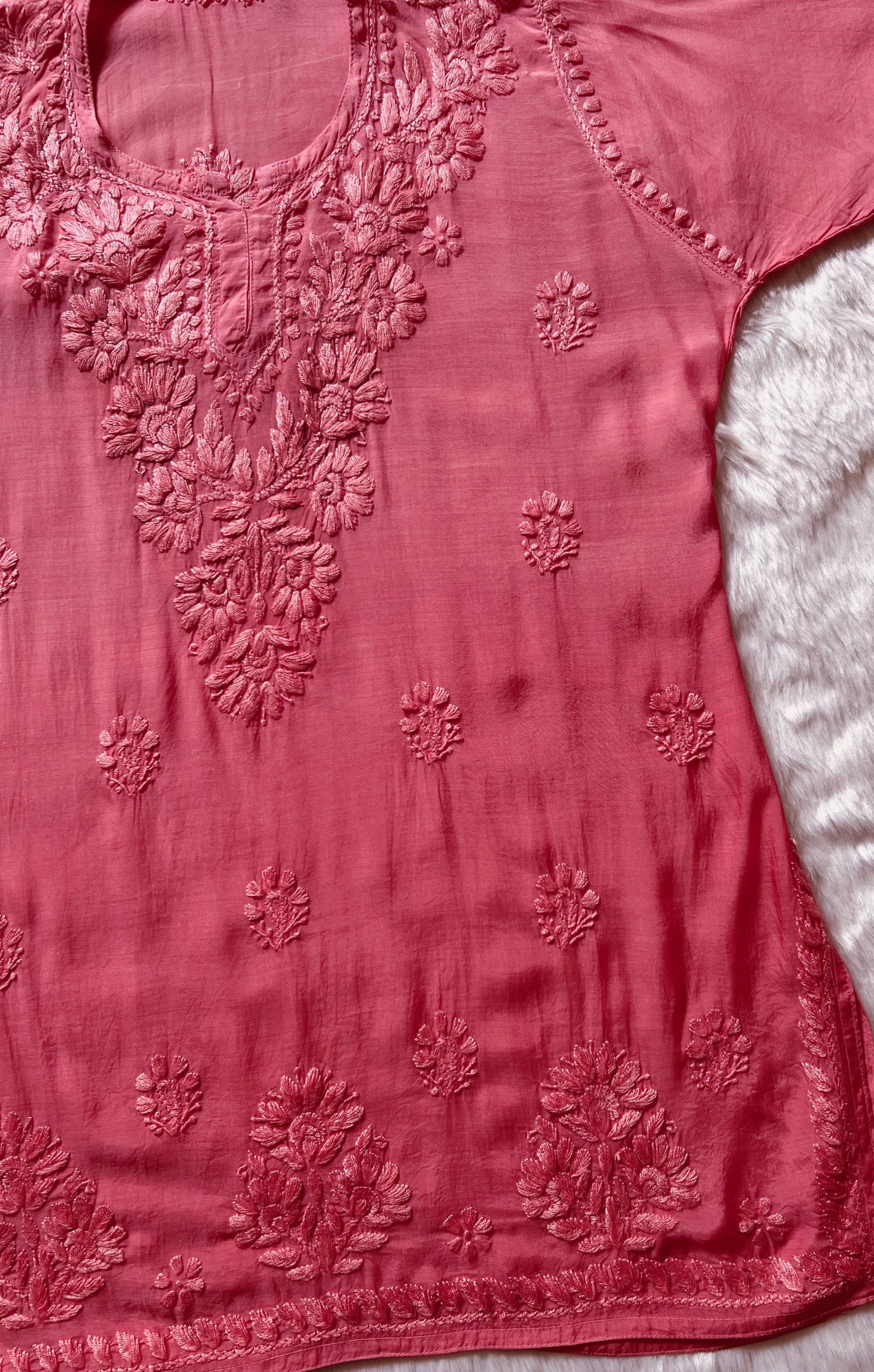 Gul Coral Short Muslin Chikankari Kurta