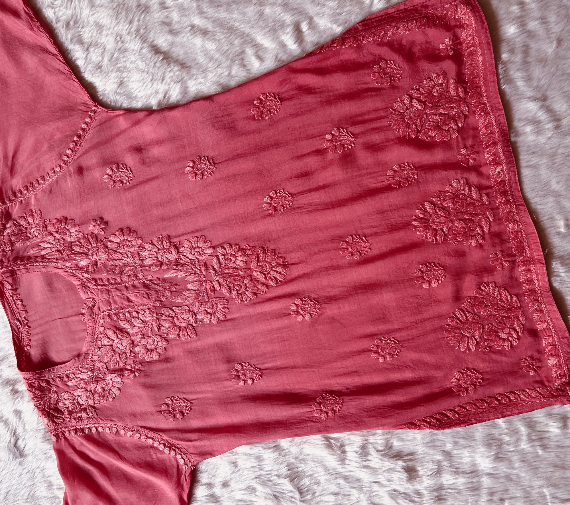 Gul Coral Short Muslin Chikankari Kurta