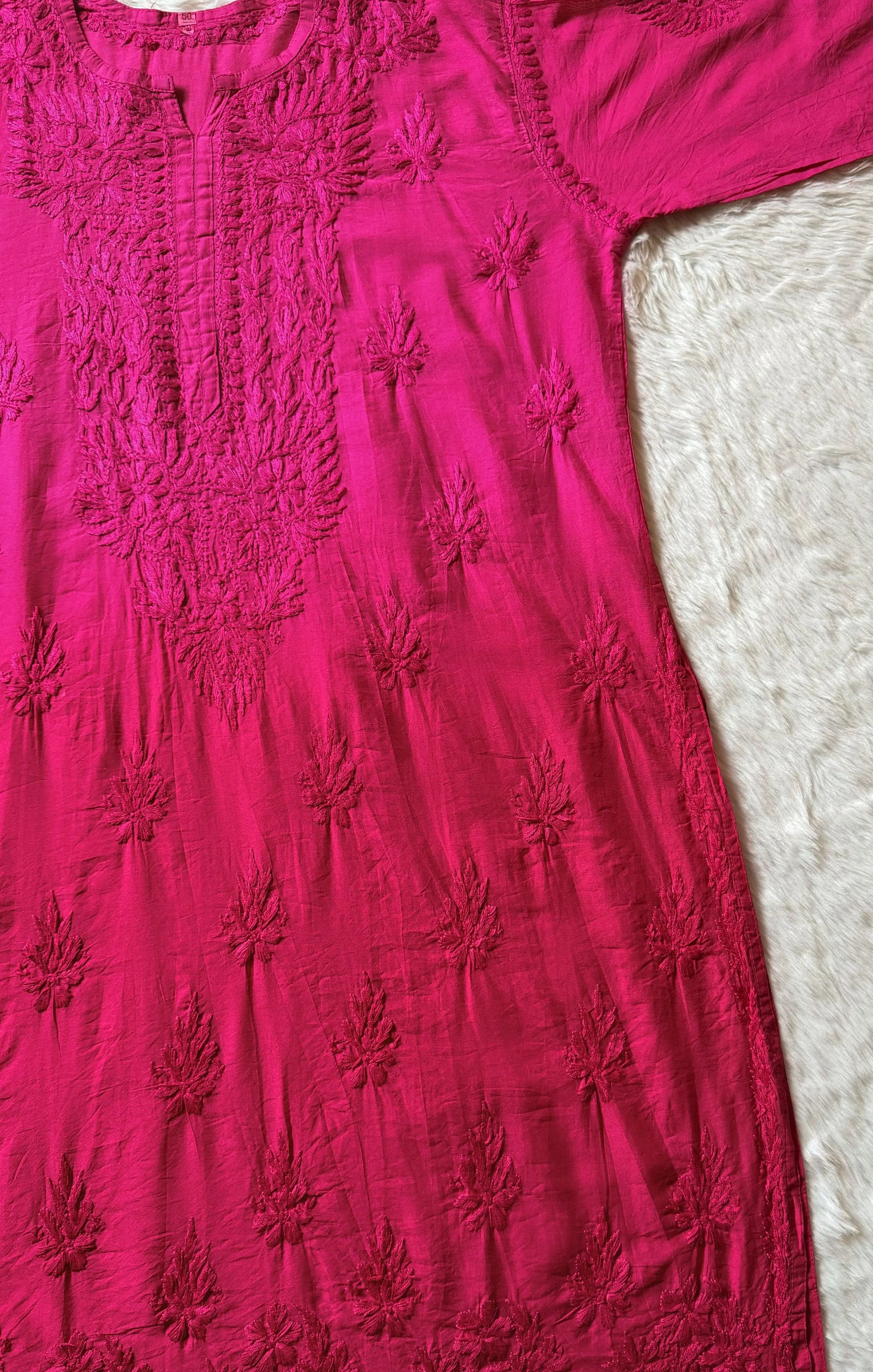 Gul Hot Pink Chanderi Plus Size Chikankari Kurti
