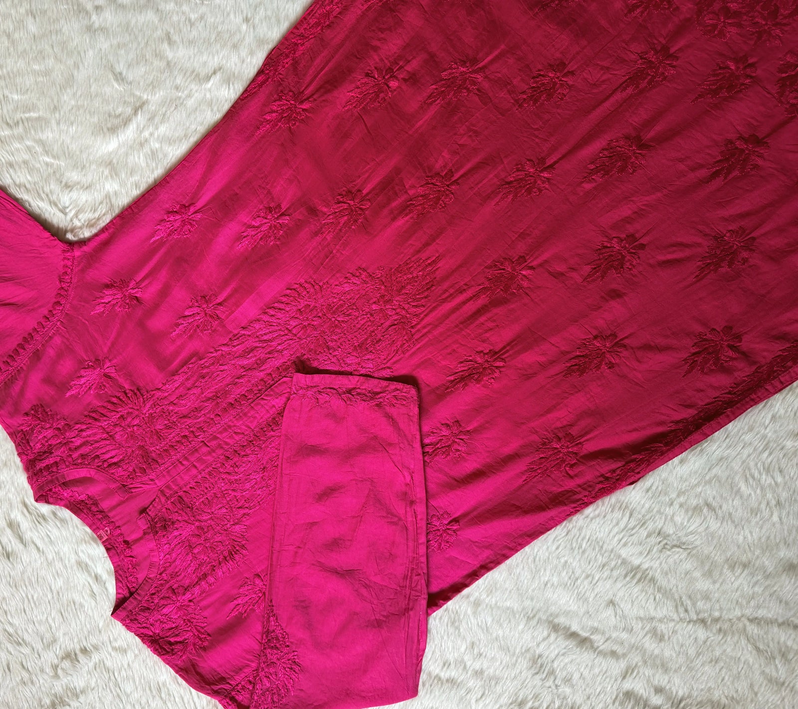 Gul Hot Pink Chanderi Plus Size Chikankari Kurti