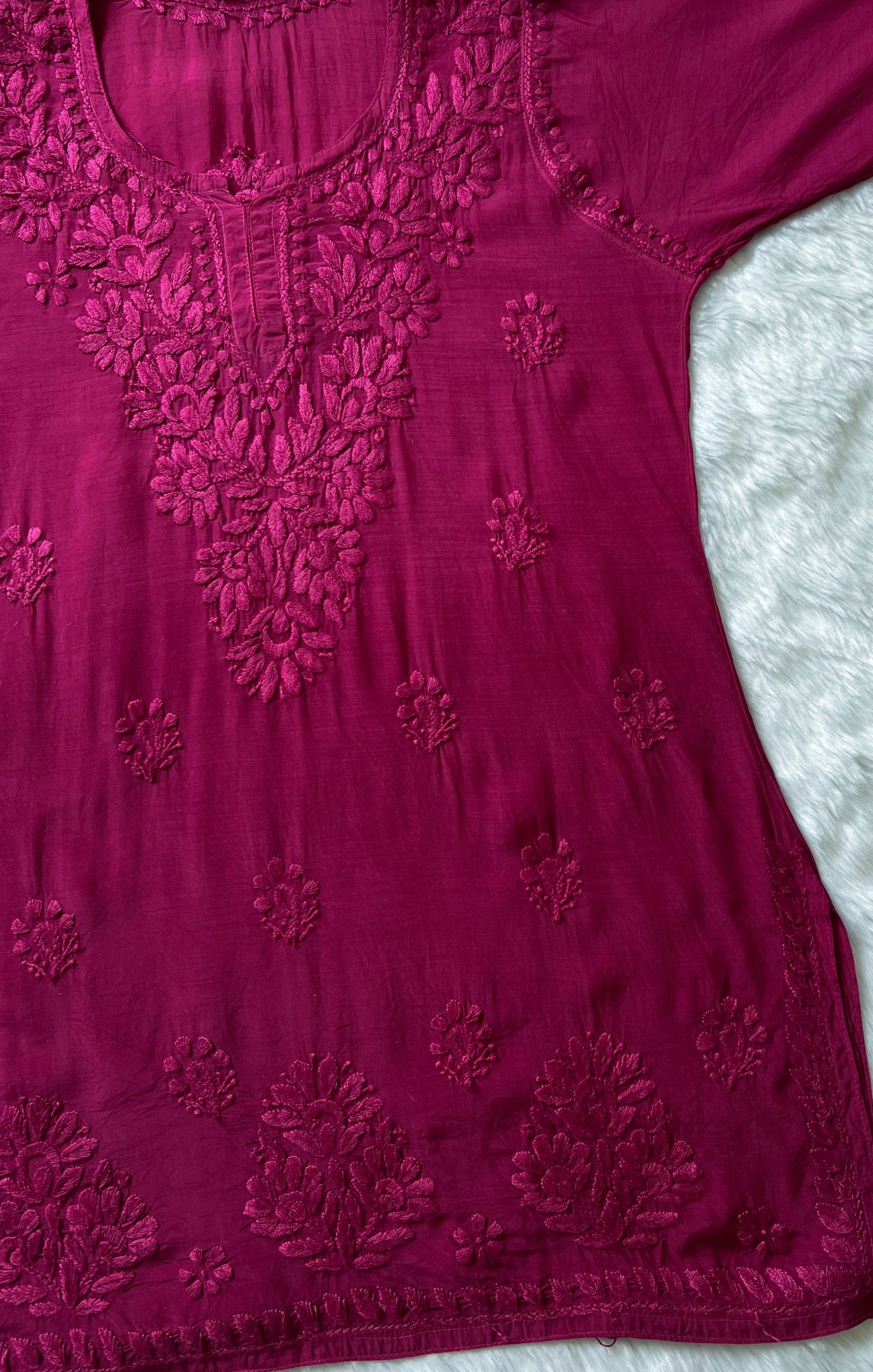 Gul Hot Pink Short Muslin Chikankari Kurta