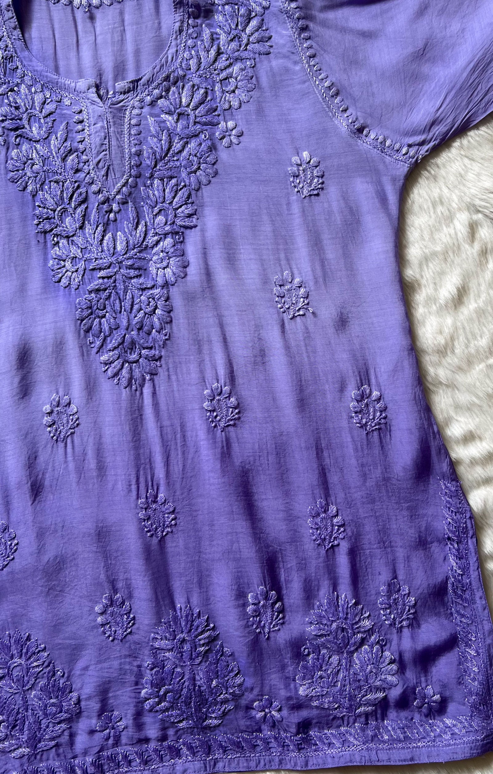 Gul Lavender Short Muslin Chikankari Kurta