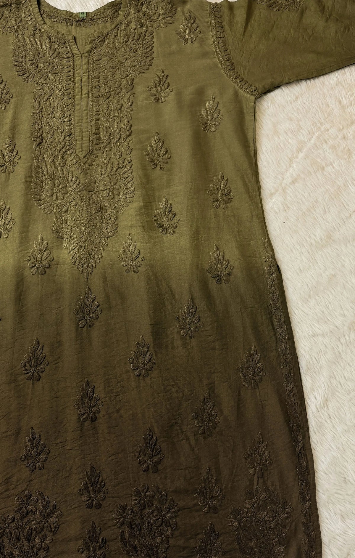 Gul Olive Green Chanderi Plus Size Chikankari Kurti