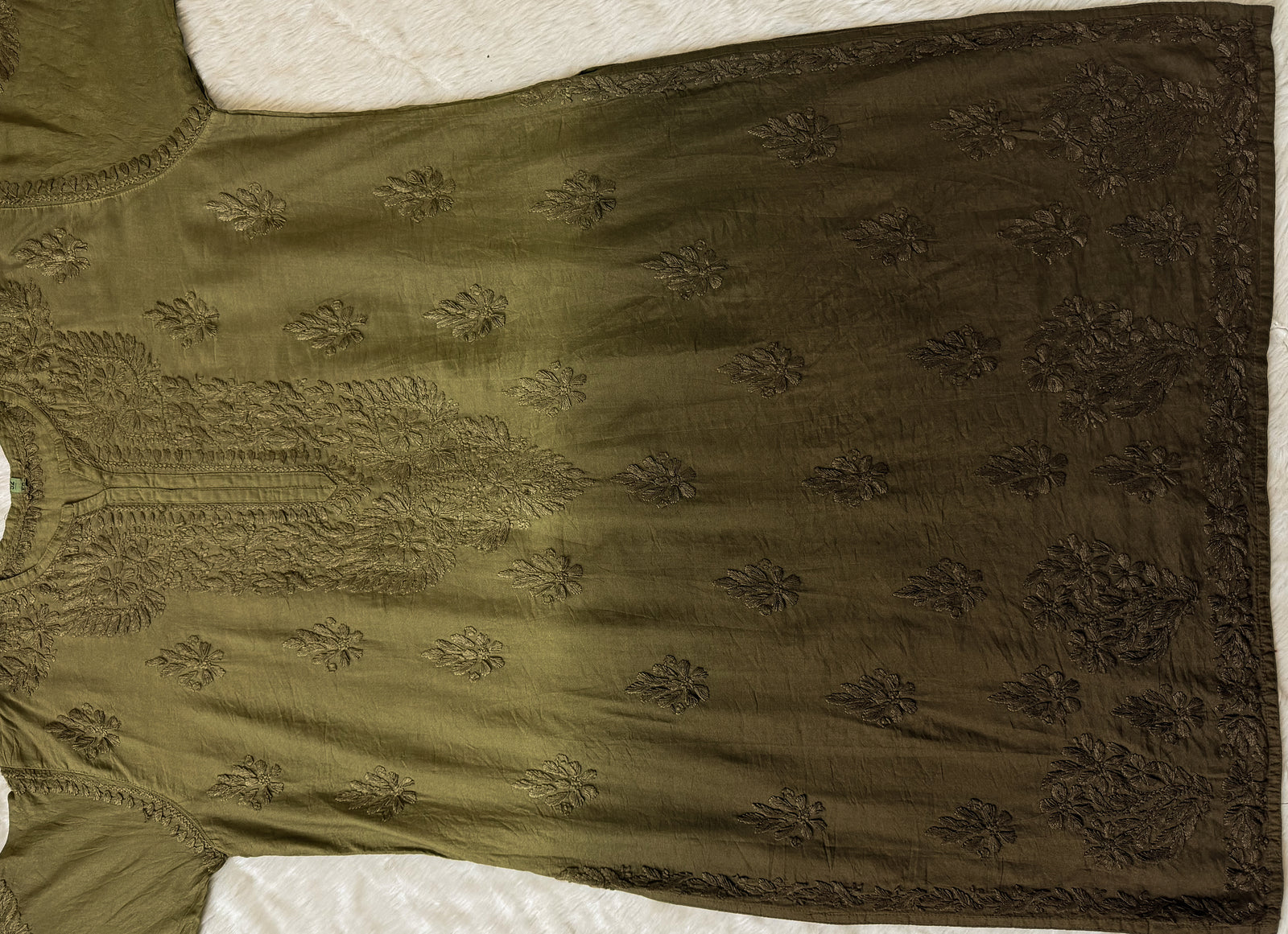 Gul Olive Green Chanderi Plus Size Chikankari Kurti