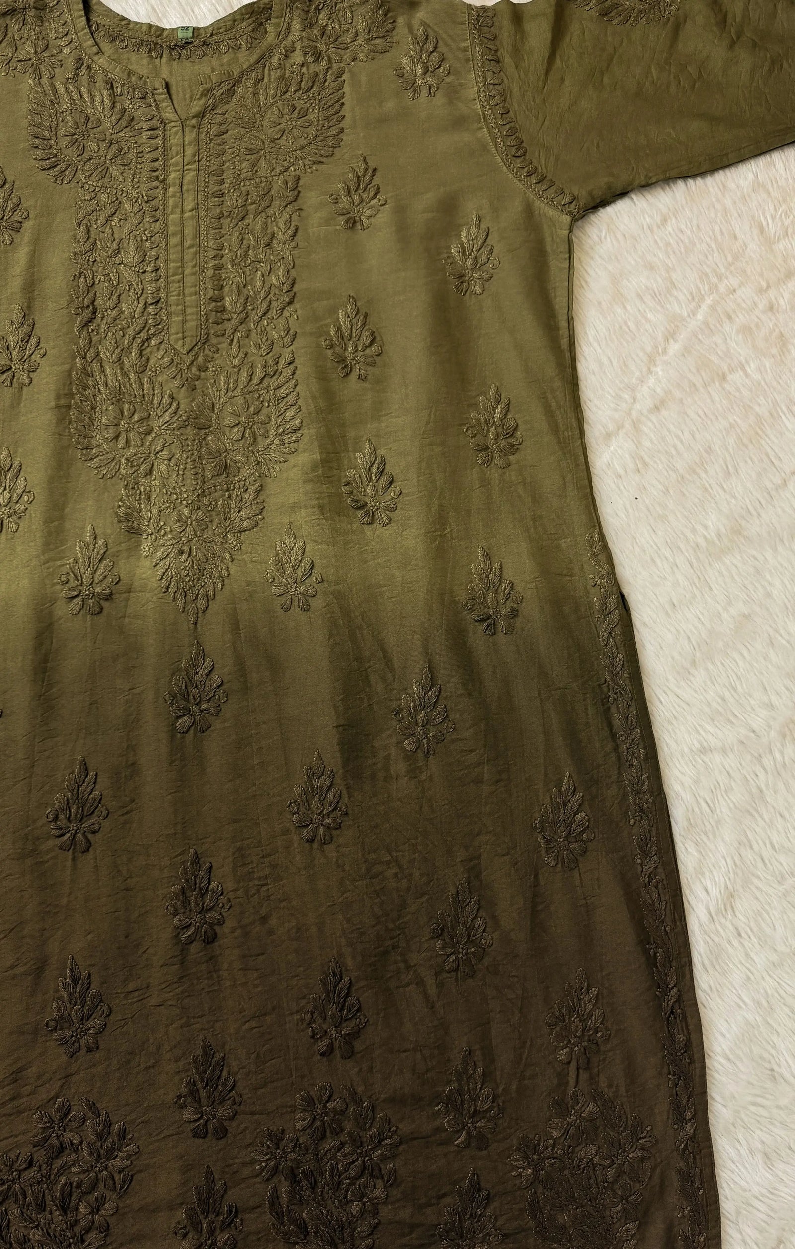 Gul Olive Green Chanderi Plus Size Chikankari Kurti