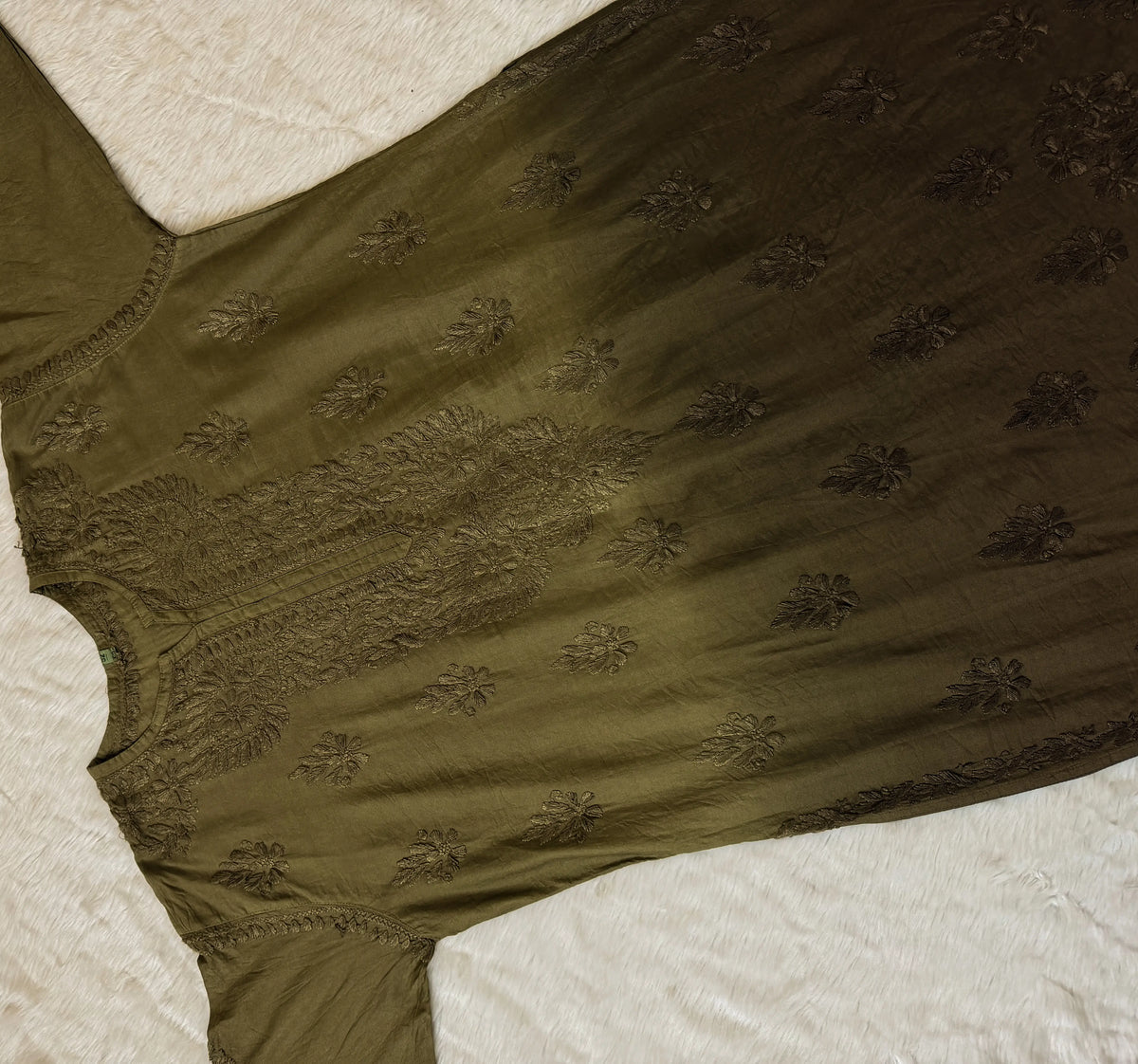 Gul Olive Green Chanderi Plus Size Chikankari Kurti