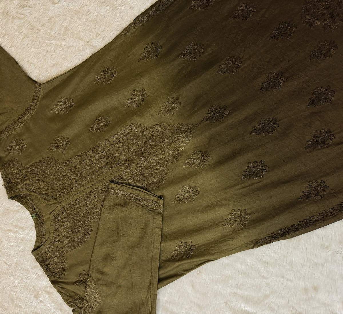 Gul Olive Green Chanderi Plus Size Chikankari Kurti