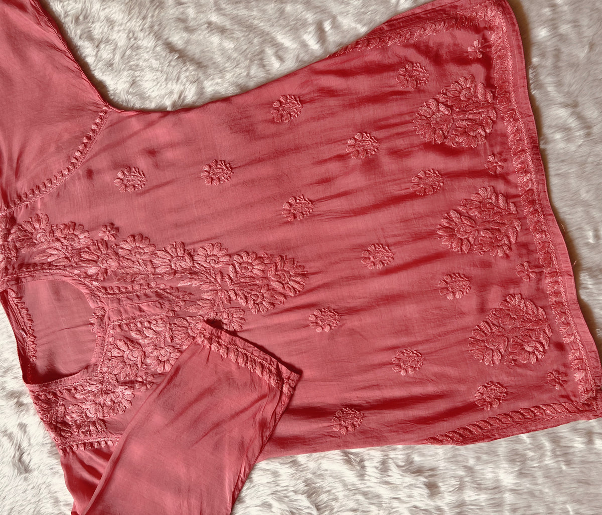 Gul Peach Short Muslin Chikankari Kurta