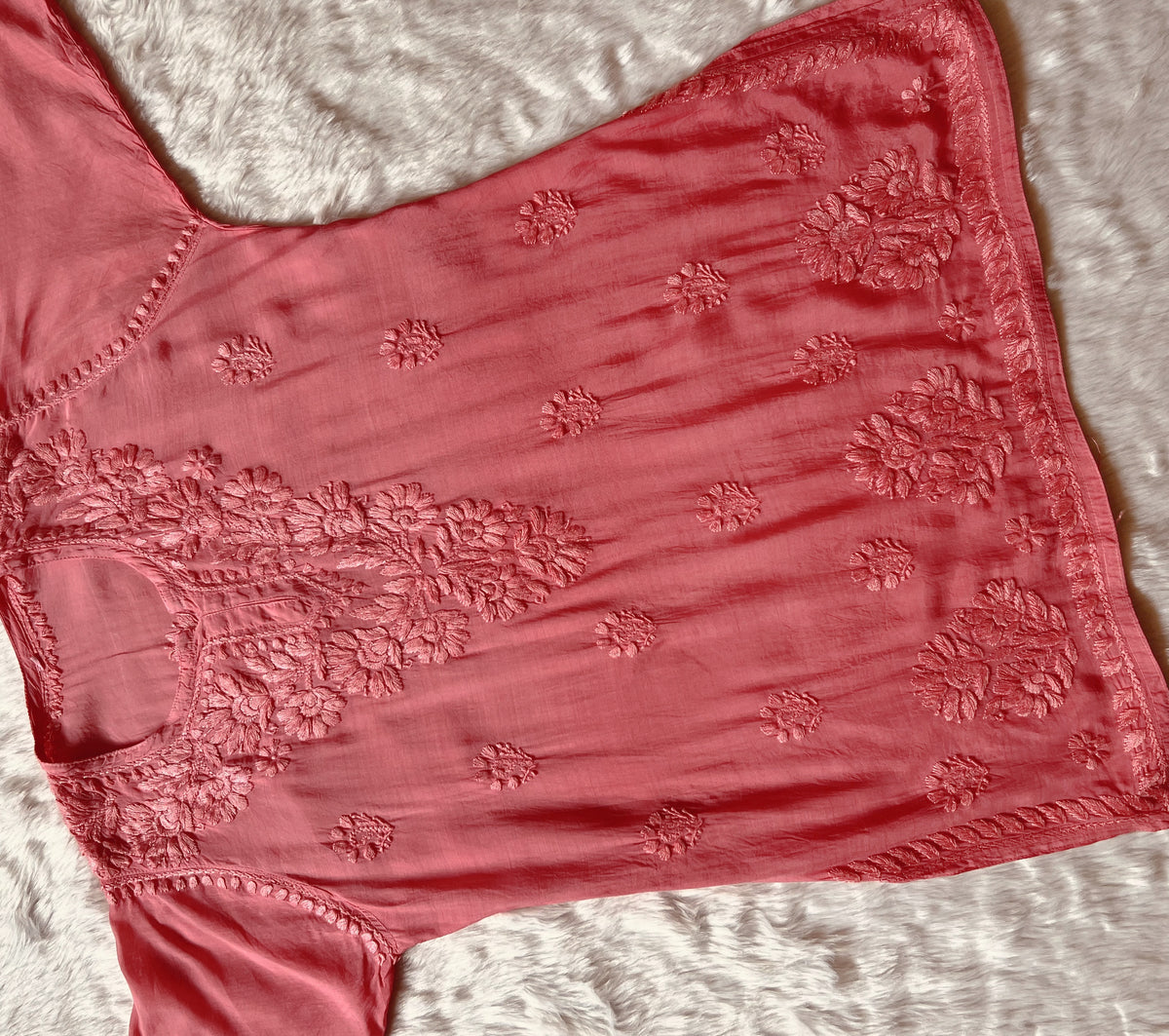 Gul Peach Short Muslin Chikankari Kurta