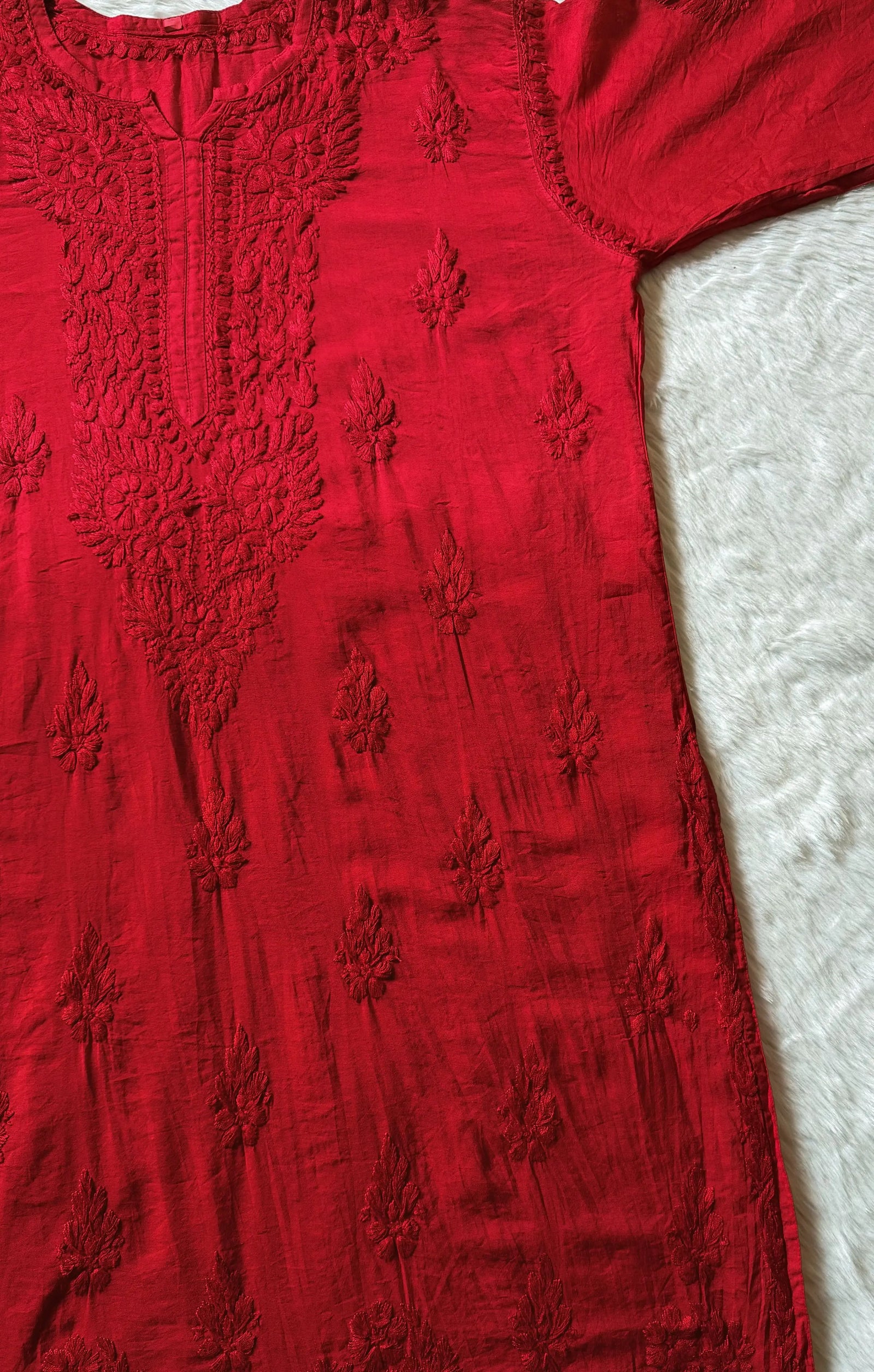 Gul Red Chanderi Plus Size Chikankari Kurti