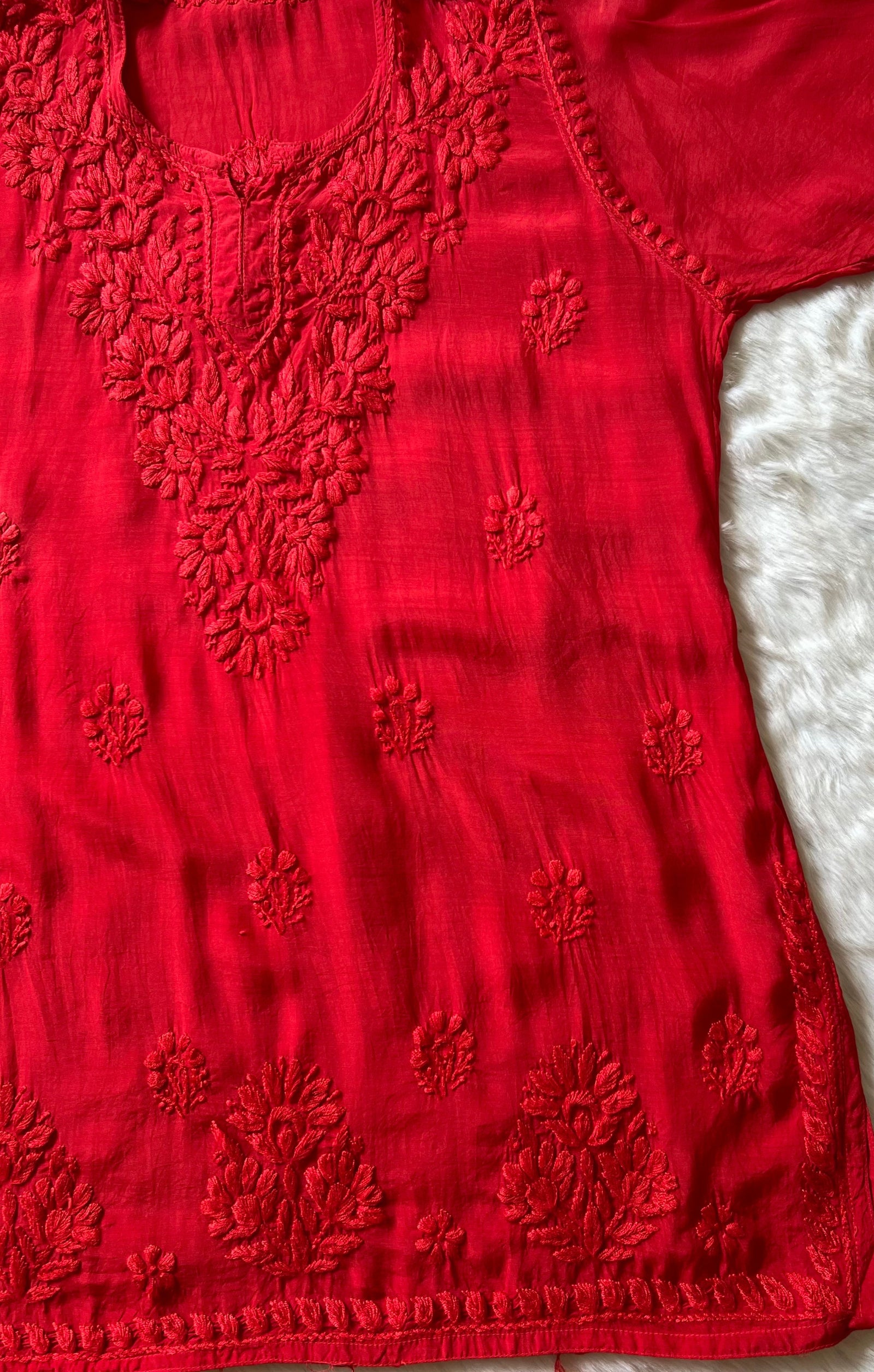 Gul Red Short Muslin Chikankari Kurta