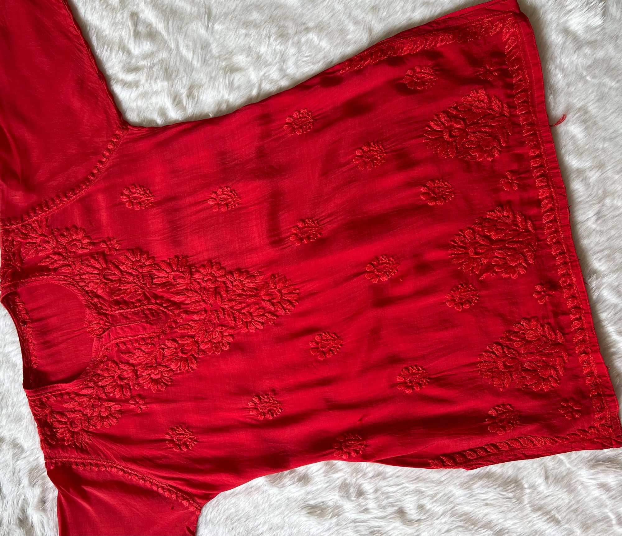 Gul Red Short Muslin Chikankari Kurta
