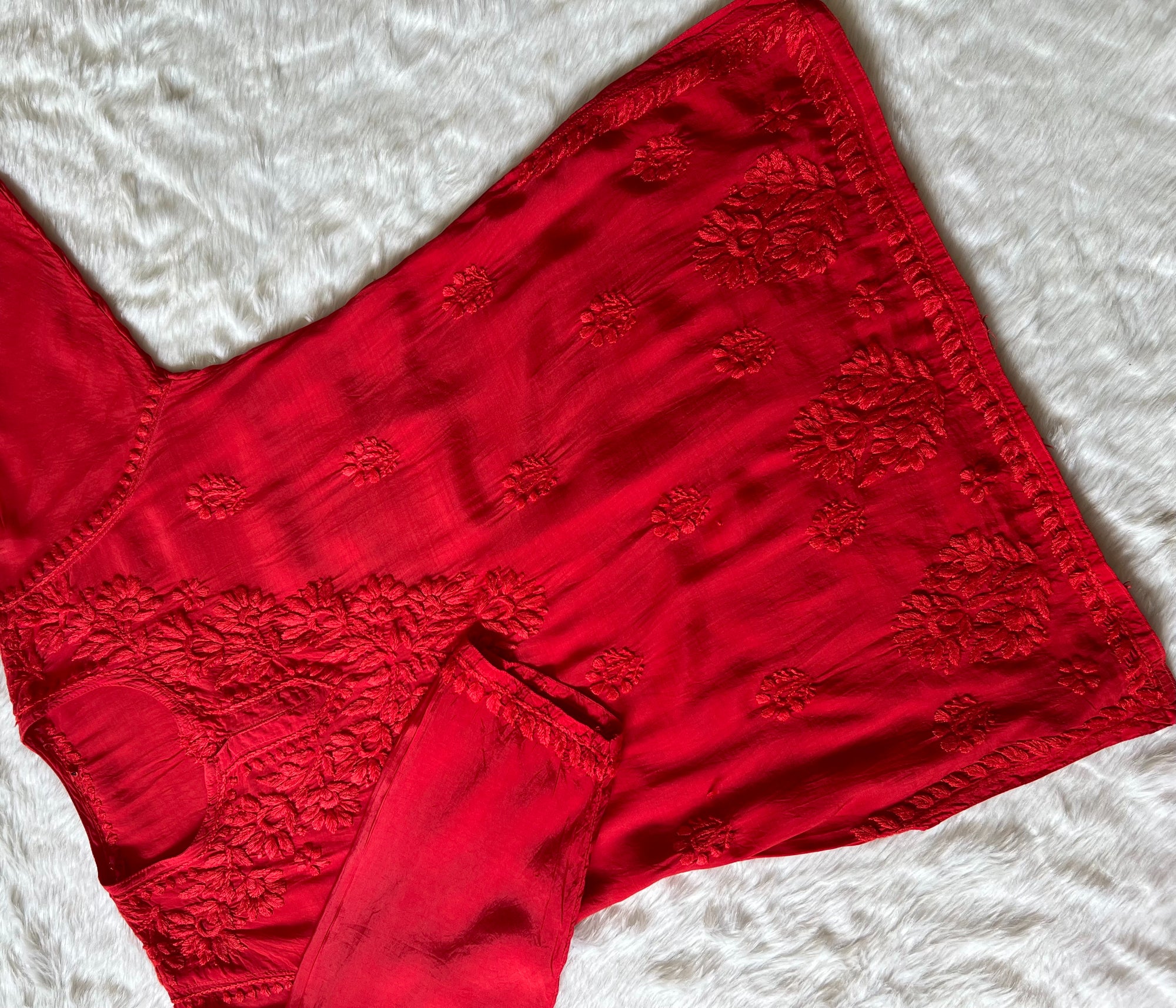 Gul Red Short Muslin Chikankari Kurta