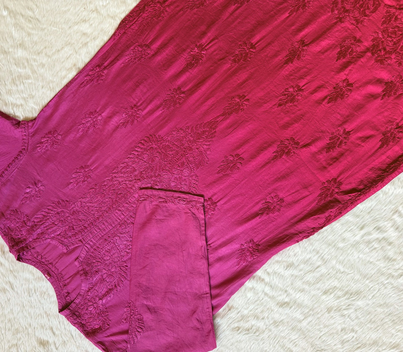 Gul Rose Pink Chanderi Plus Size Chikankari Kurti